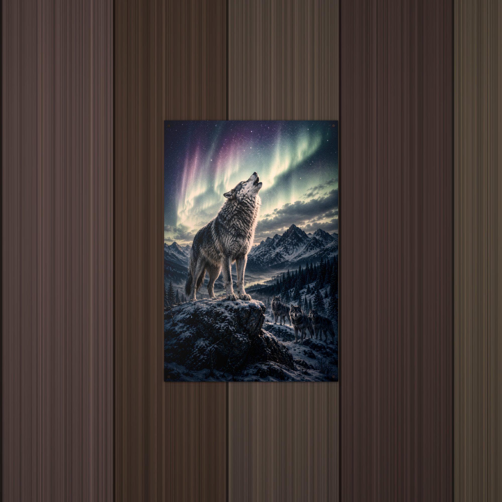Aurora Wolf Howl Wolf Metal Sign Aluminum Sign — detail view