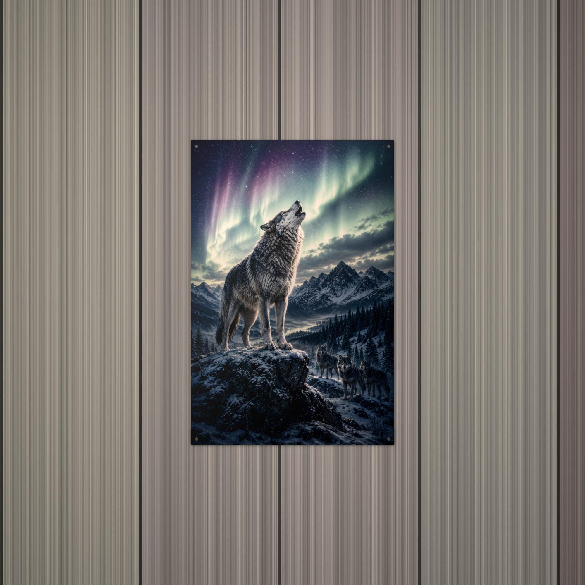 Aurora Wolf Howl Wolf Metal Sign Aluminum Sign — alternate angle