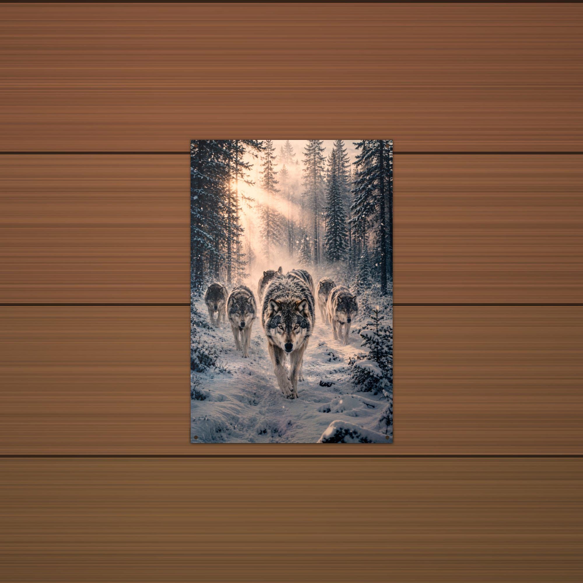 Wolf Pack Winter Wolf Metal Sign Aluminum Sign — lifestyle setting
