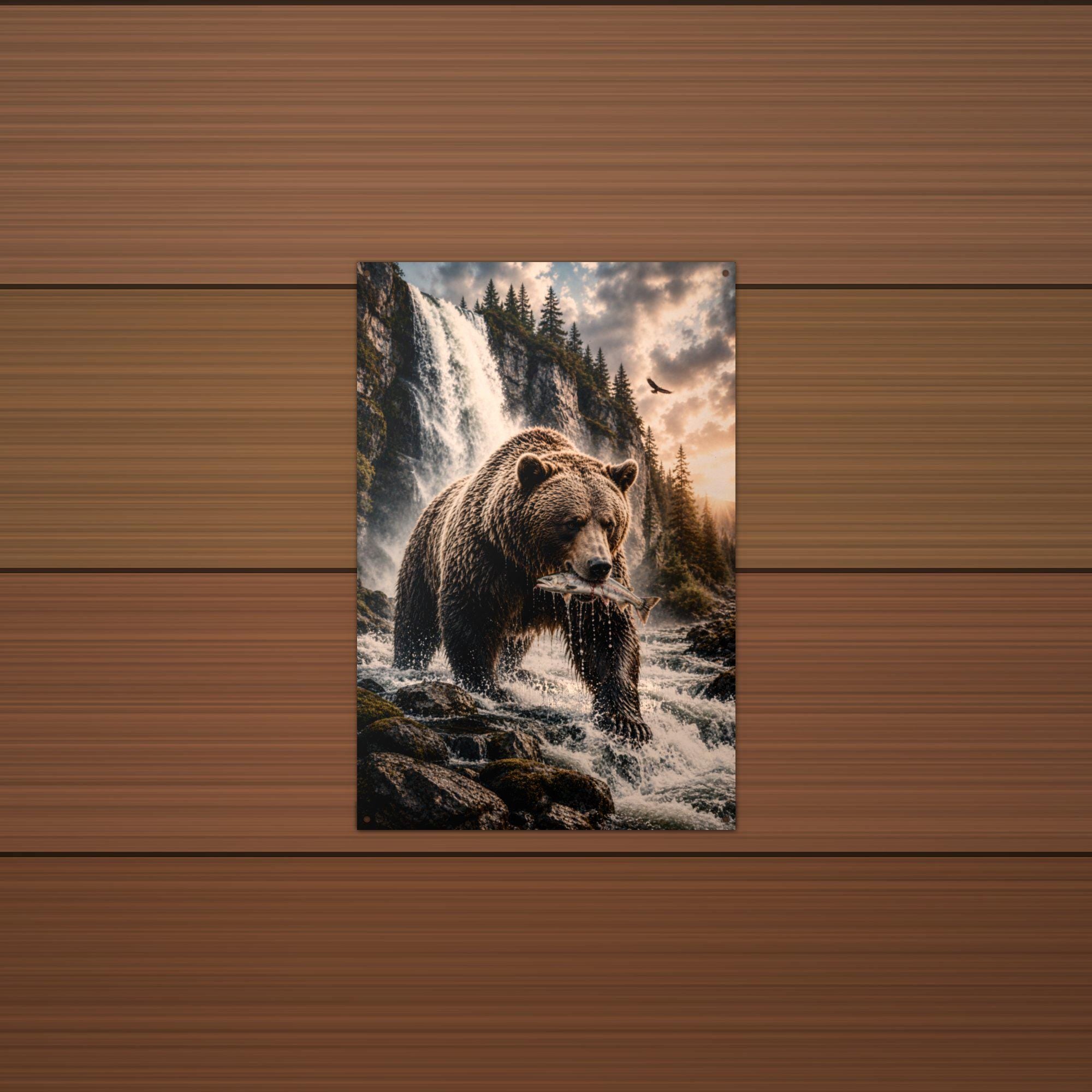 Salmon Run Grizzly Grizzly Metal Sign Aluminum Sign — lifestyle setting