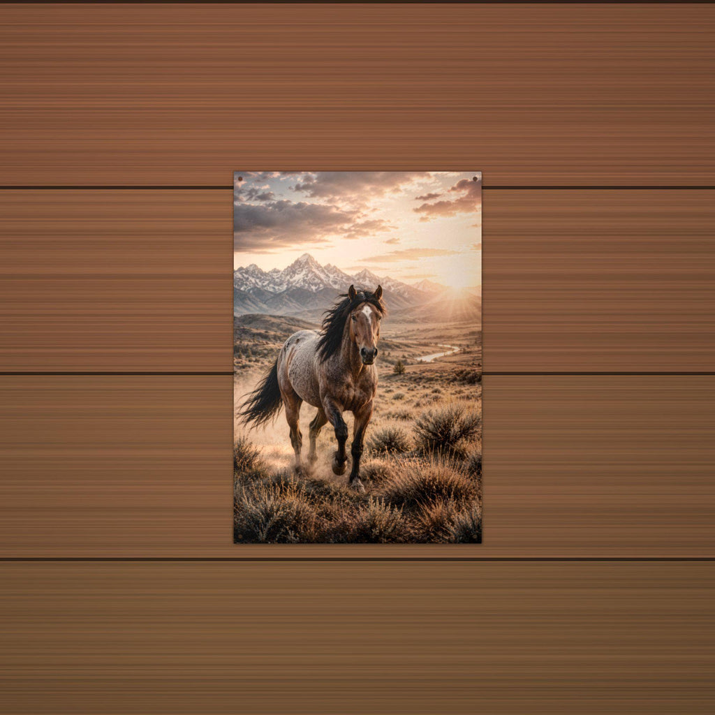 Sunset Stallion Stallion Metal Sign Aluminum Sign — lifestyle setting
