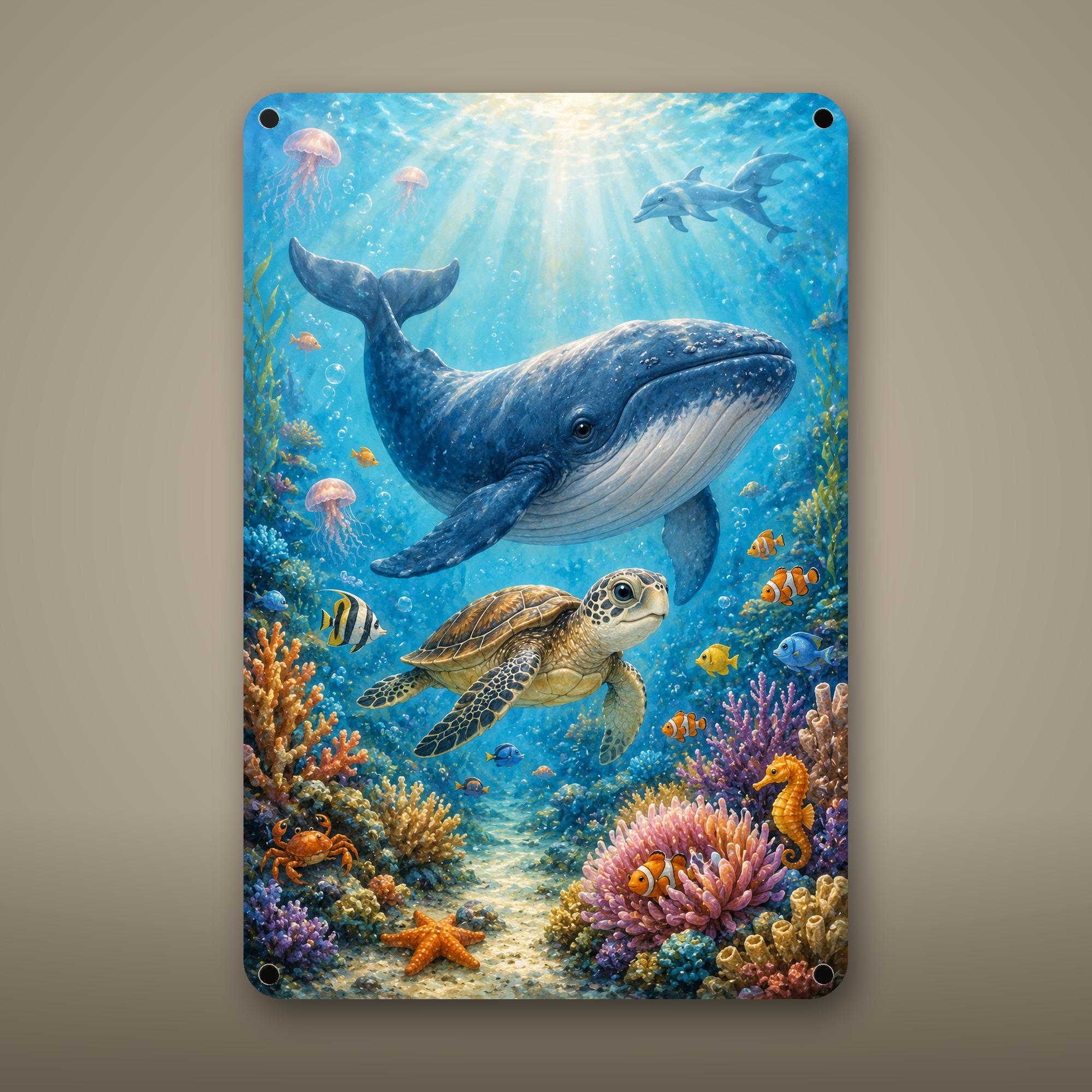 Humpback Whale and Sea Turtle Aluminum Sign Aluminum Sign — front view on white background