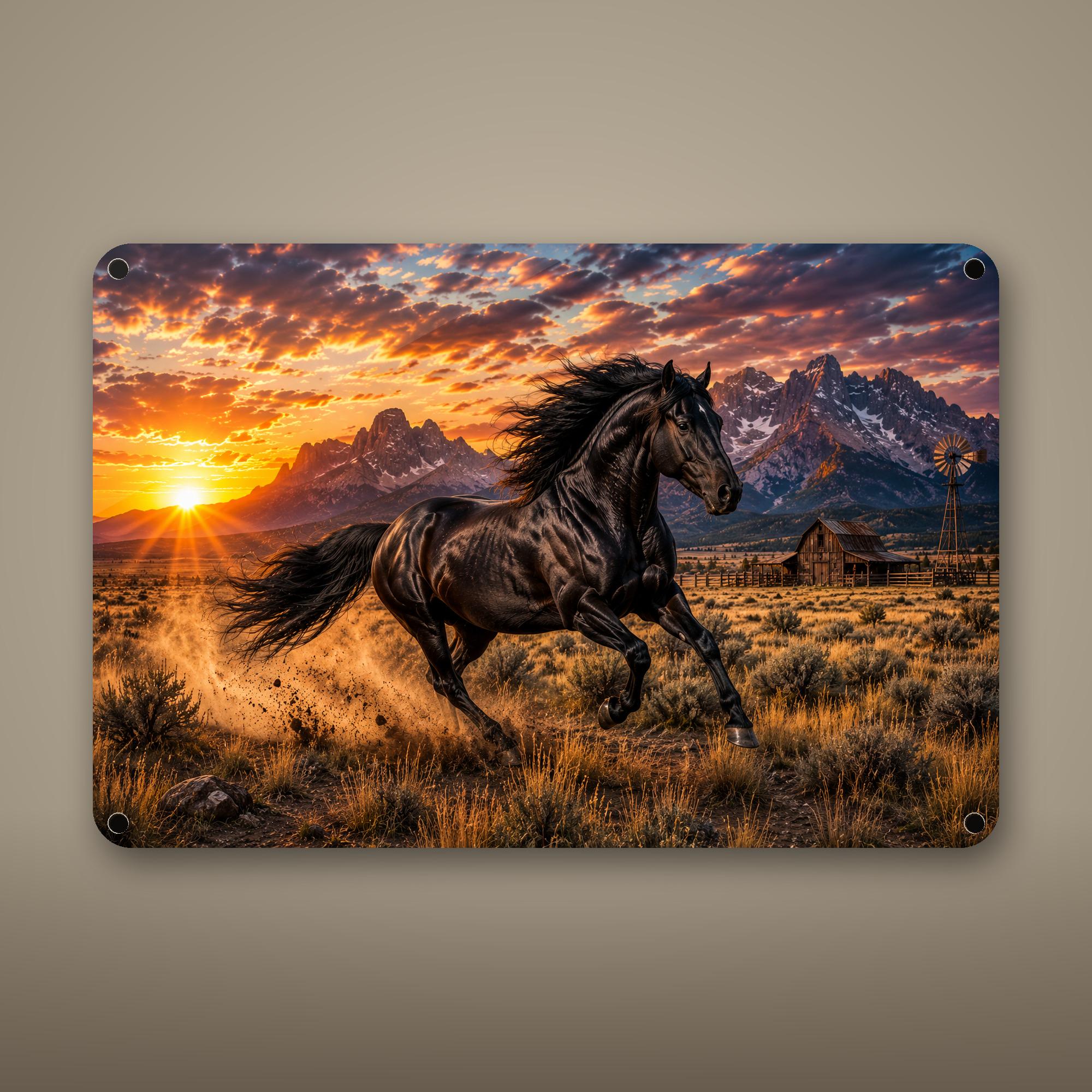 Black Stallion Sunset Aluminum Sign Aluminum Sign — front view on white background