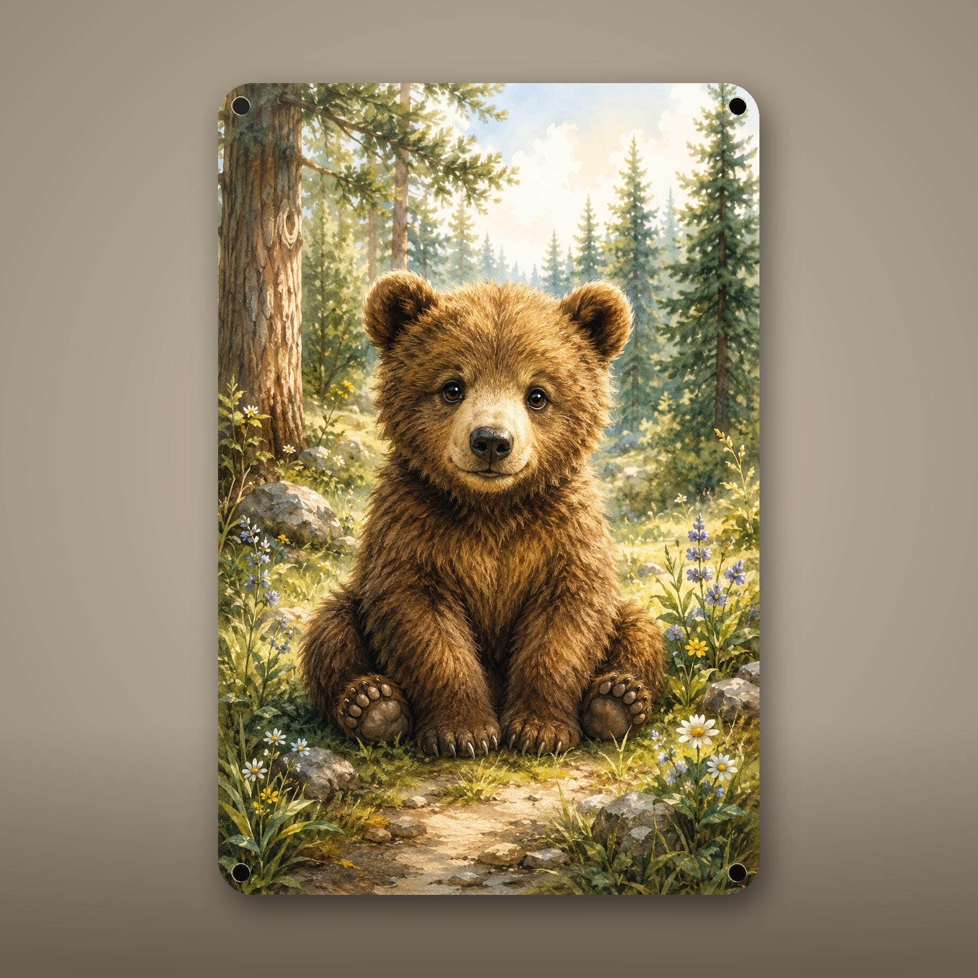 Bear Cub Forest Aluminum Sign Aluminum Sign — front view on white background