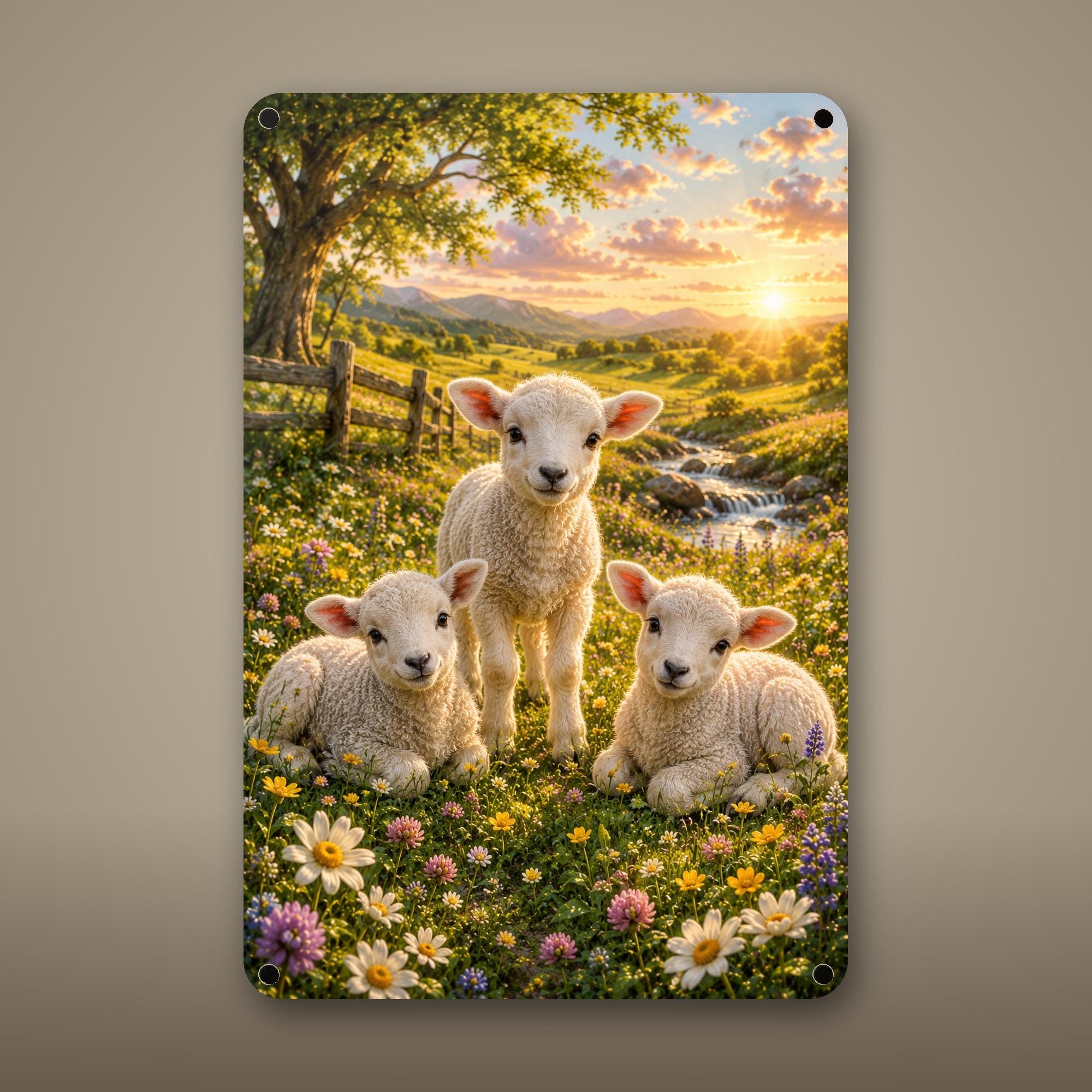 Lambs in Meadow Aluminum Sign Aluminum Sign — front view on white background