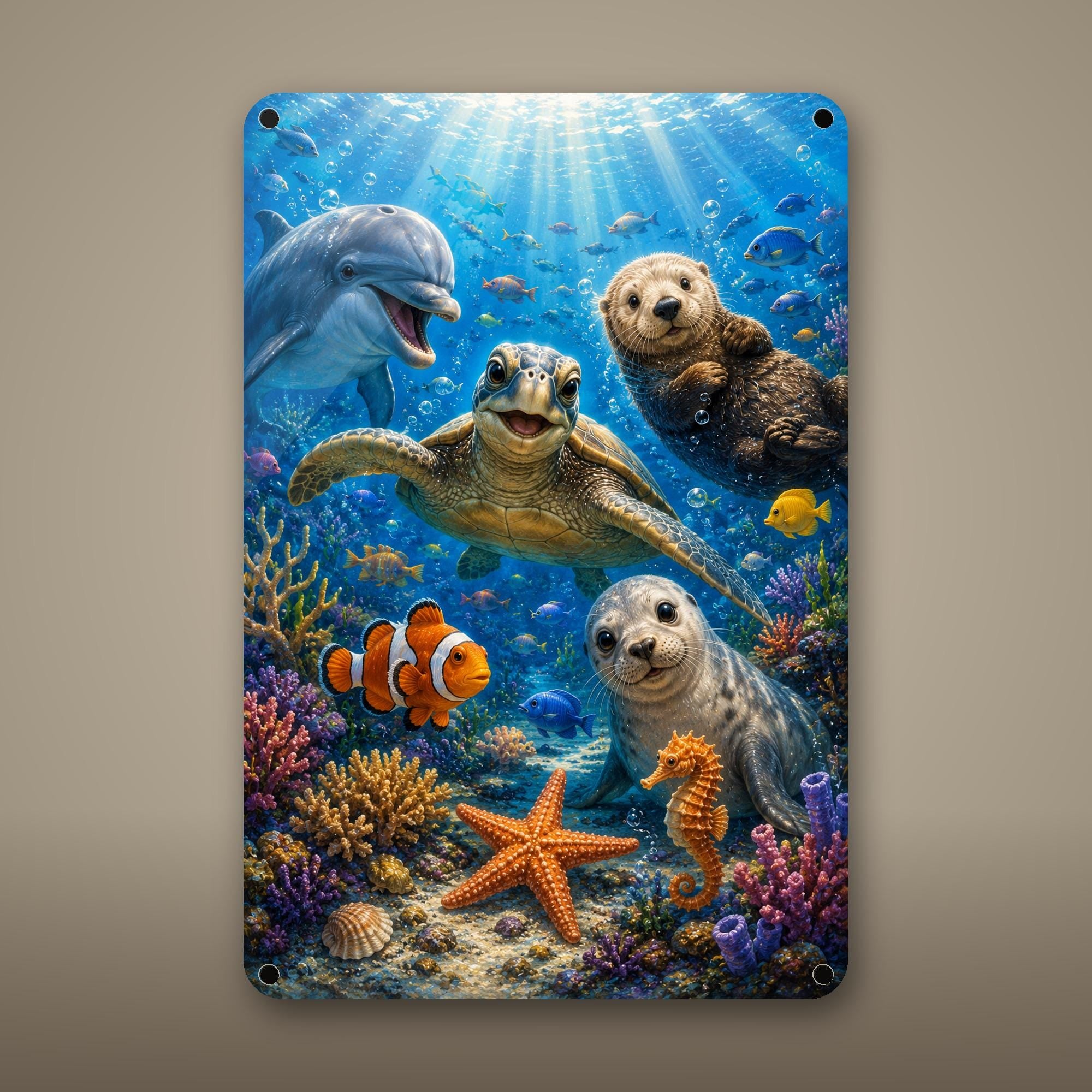 Sea Otters Reef Aluminum Sign Aluminum Sign — front view on white background
