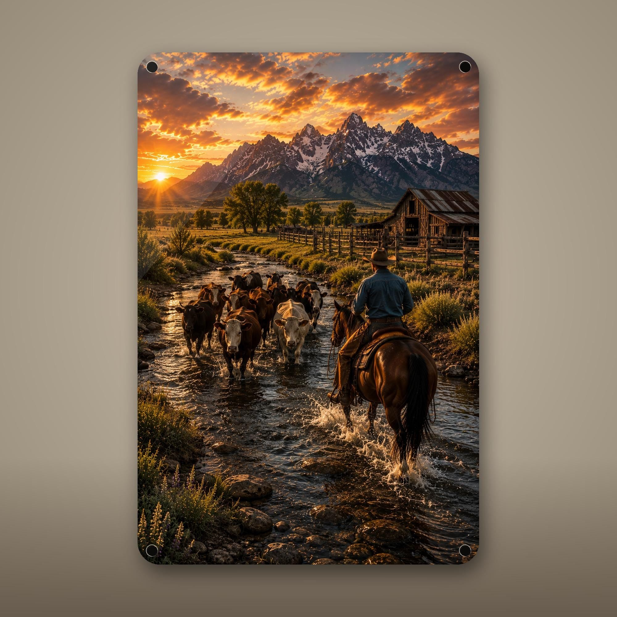 River Cattle Drive Aluminum Sign Aluminum Sign — front view on white background