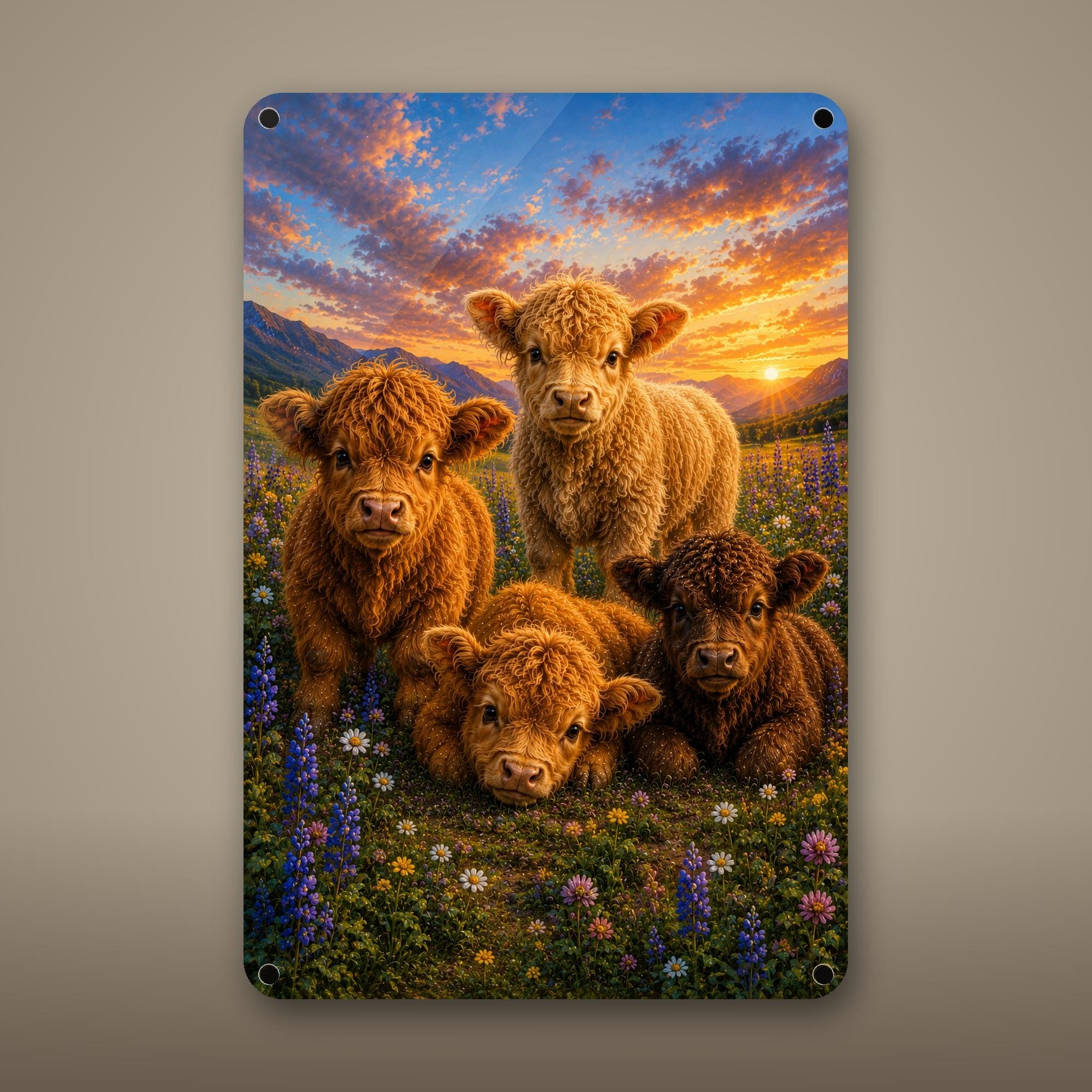 Highland Calves Aluminum Sign Aluminum Sign — front view on white background