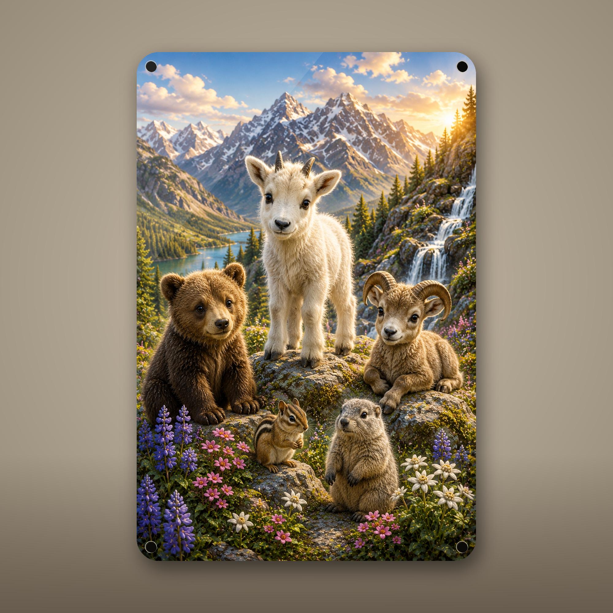Mountain Wildlife Gathering Aluminum Sign Aluminum Sign — front view on white background
