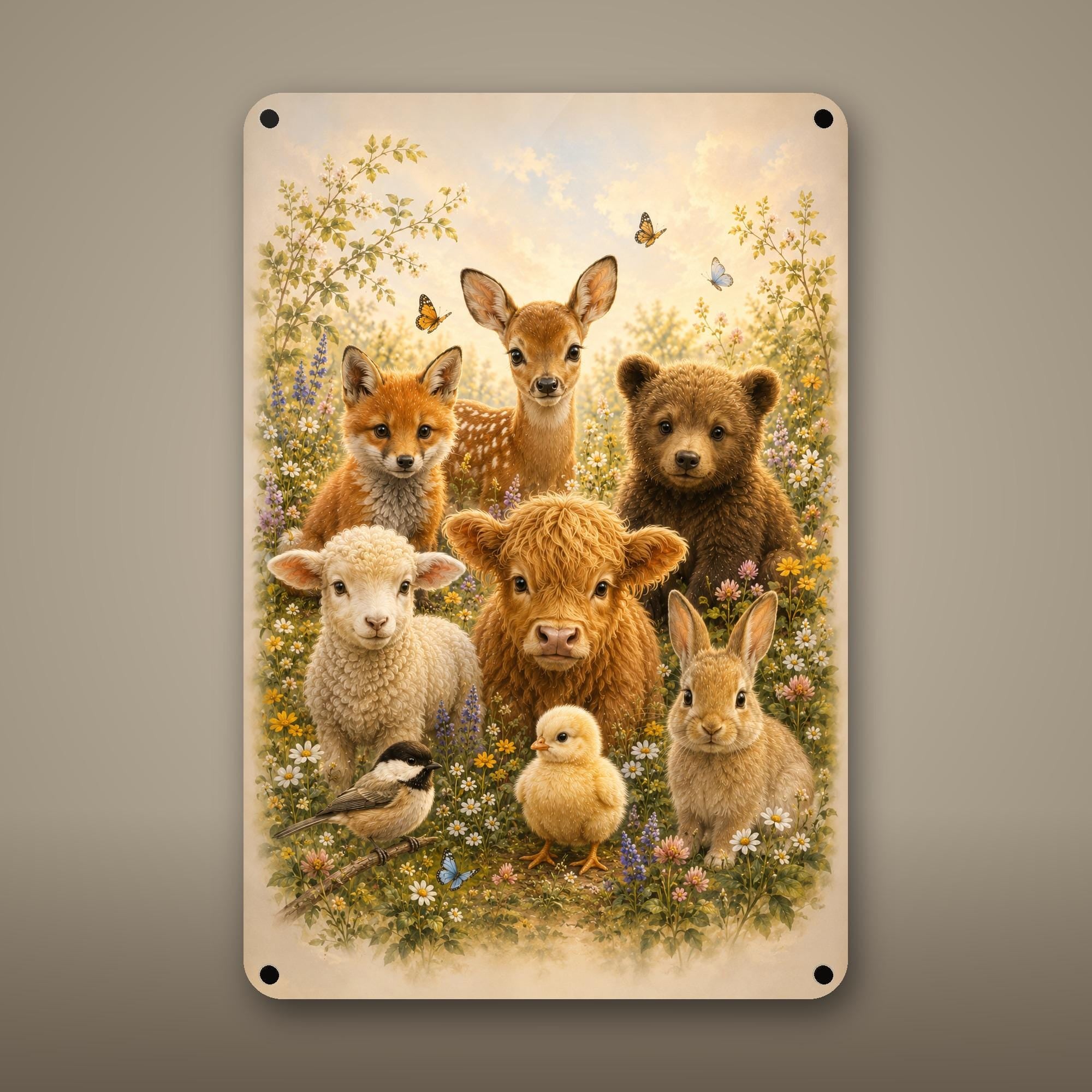 Woodland Baby Animals Aluminum Sign Aluminum Sign — front view on white background