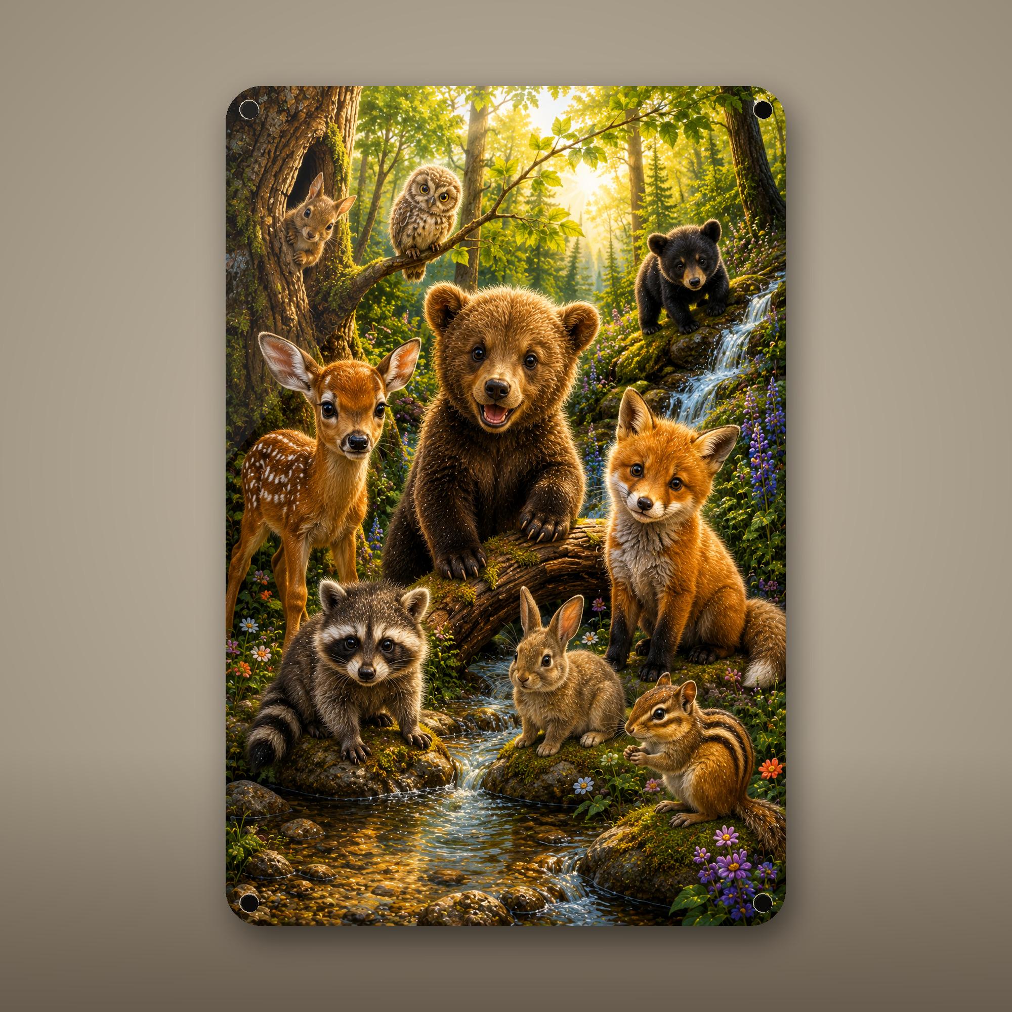 Woodland Animal Gathering Aluminum Sign Aluminum Sign — front view on white background