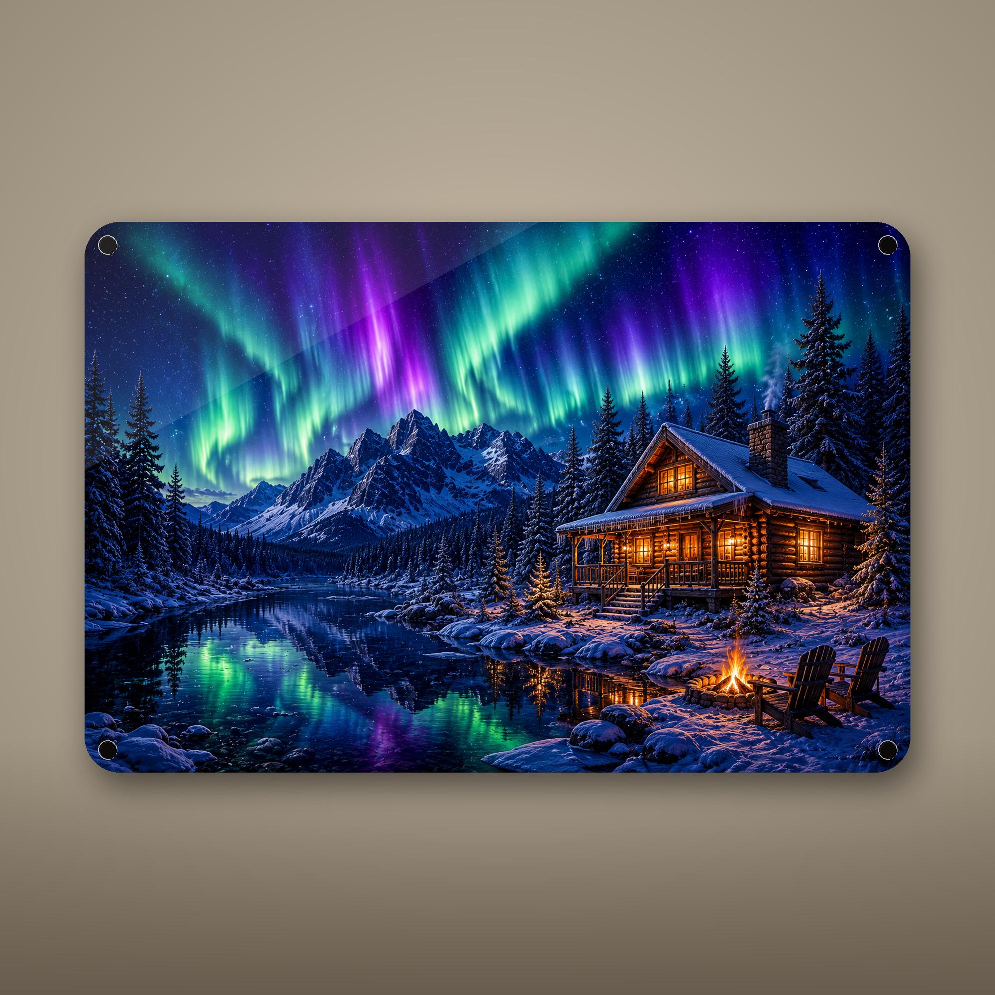 Aurora Mountain Cabin Aluminum Sign Aluminum Sign — front view on white background
