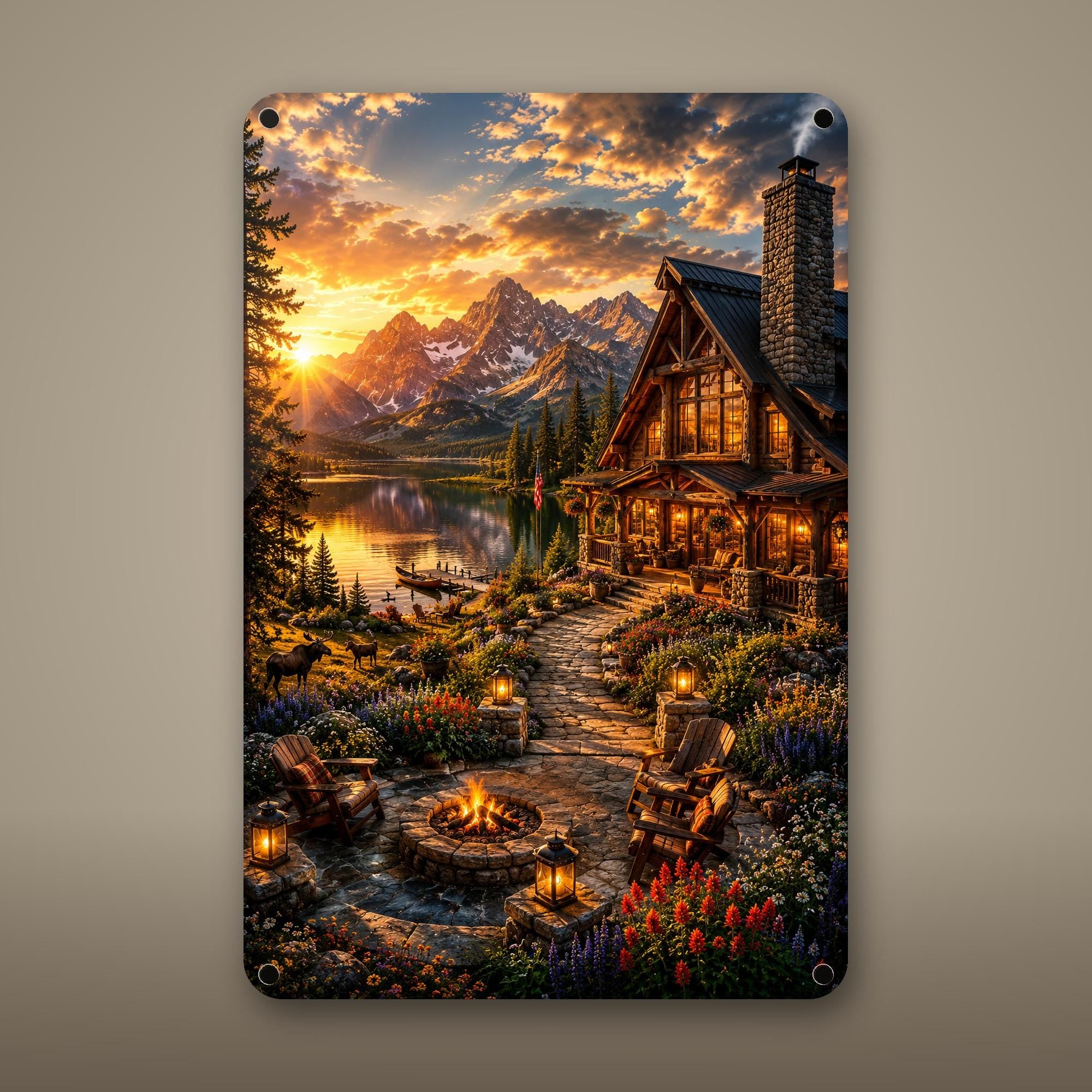 Mountain Stream Cabin Aluminum Sign Aluminum Sign — front view on white background