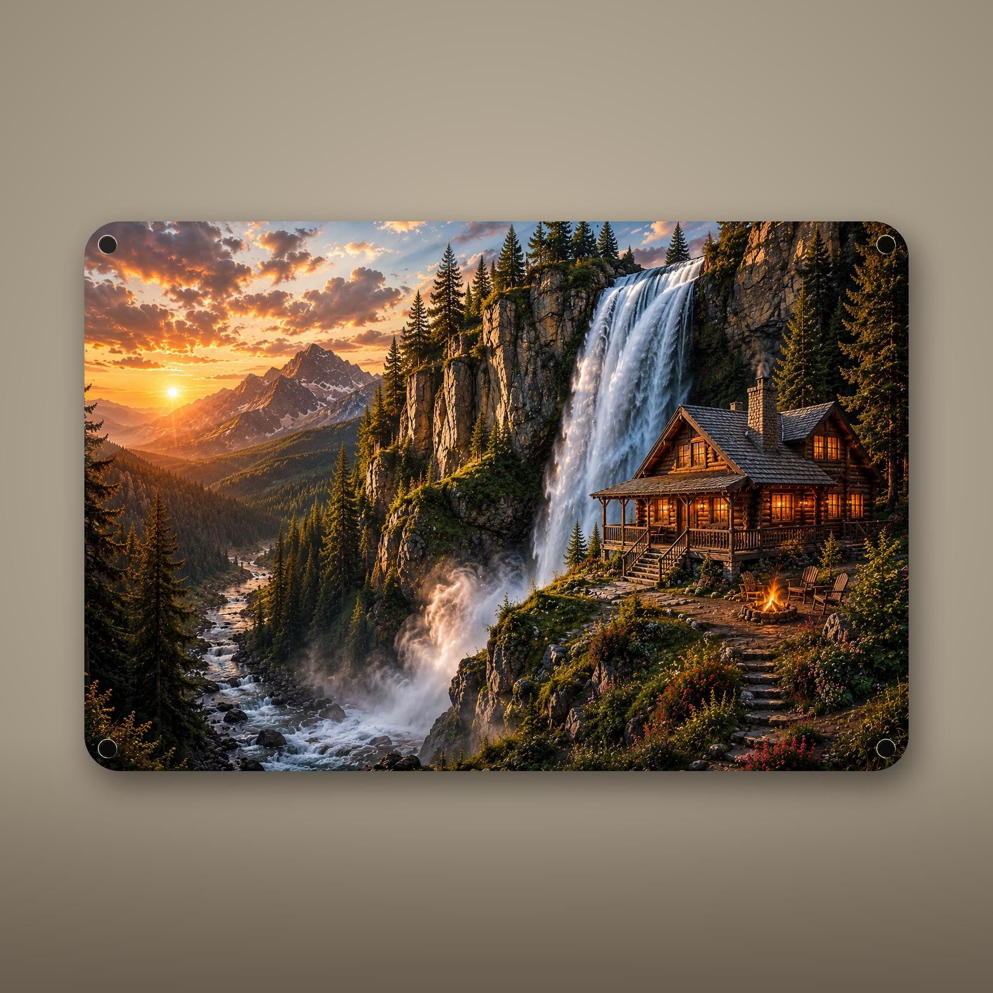 Waterfall Cabin Retreat Aluminum Sign Aluminum Sign — front view on white background