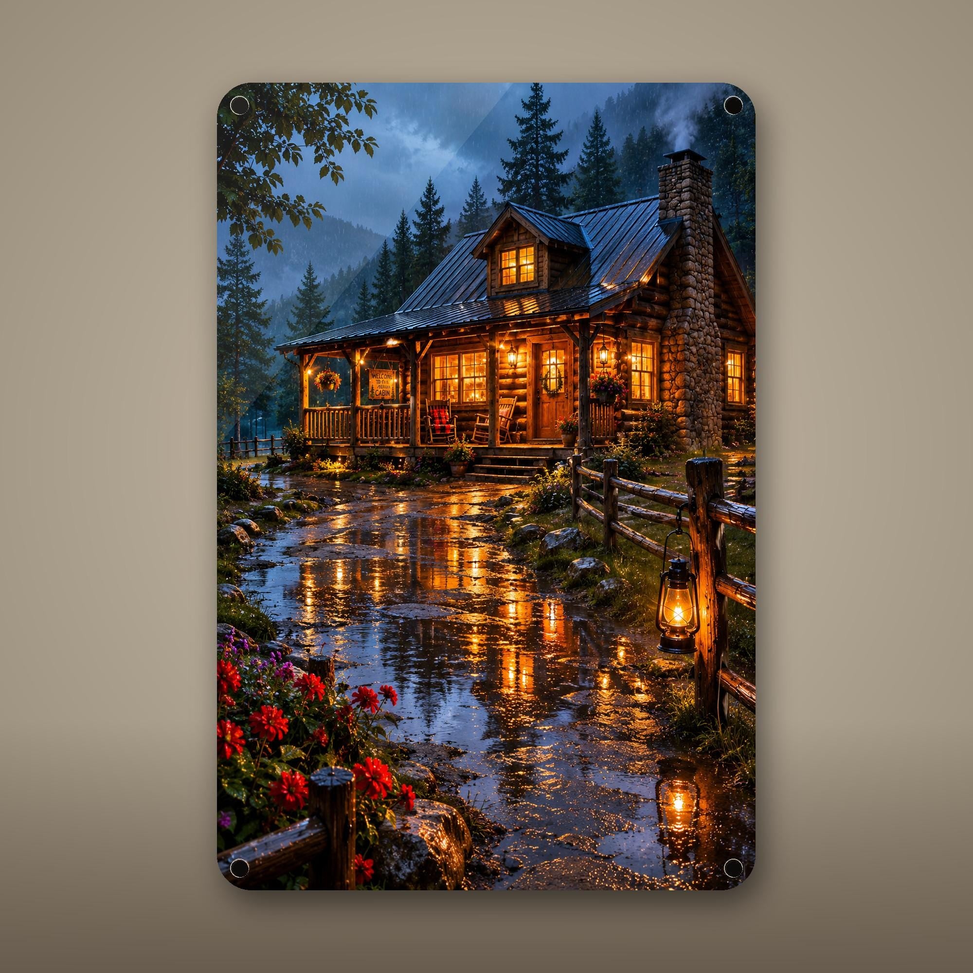 Lake Lodge Evening Aluminum Sign Aluminum Sign — front view on white background