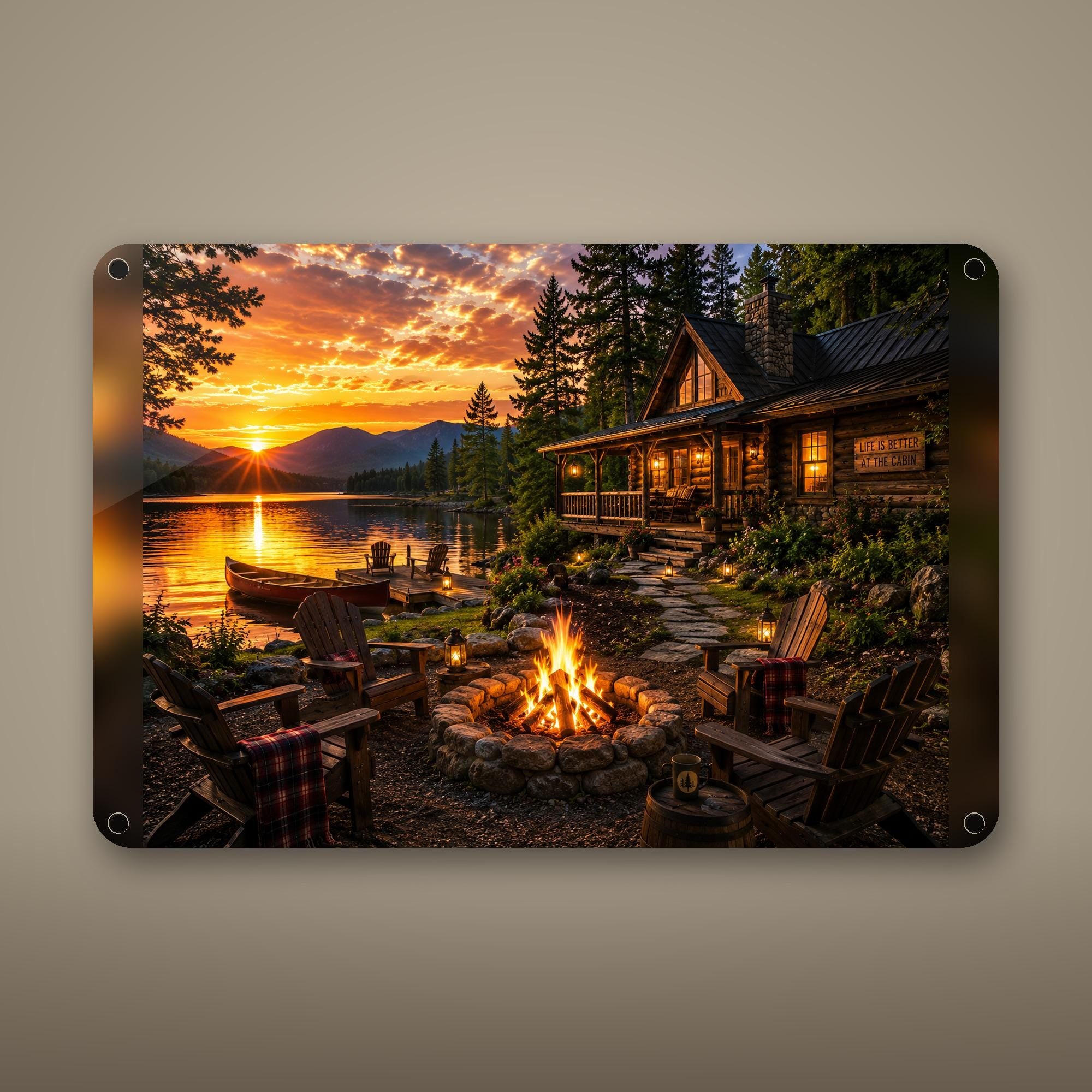 Lakeside Cabin Campfire Aluminum Sign Aluminum Sign — front view on white background