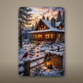 Snowy Cabin Evening Aluminum Sign Aluminum Sign — front view on white background