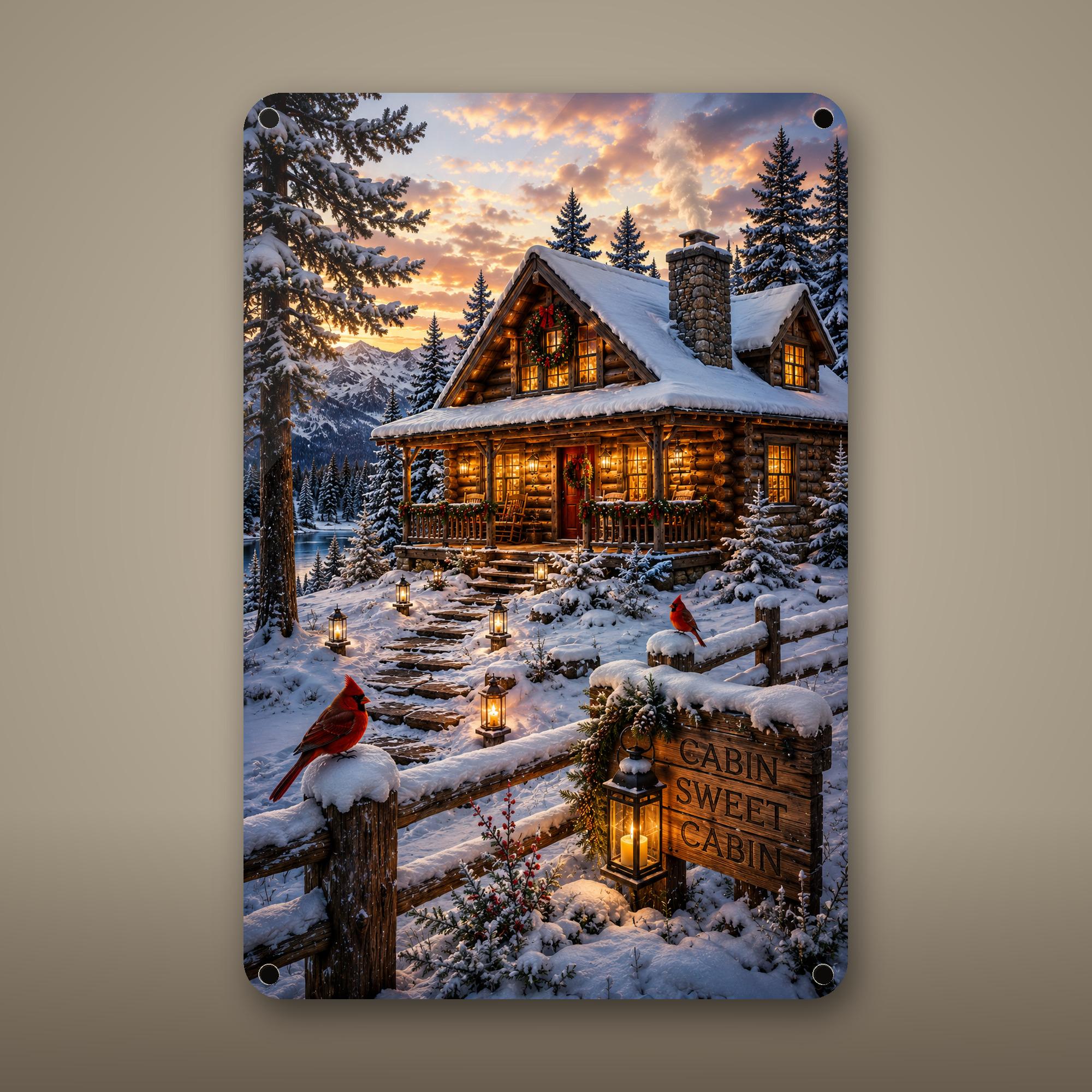 Snowy Cabin Evening Aluminum Sign Aluminum Sign — front view on white background