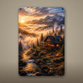 Mountain Cabin Sunrise Aluminum Sign Aluminum Sign — front view on white background