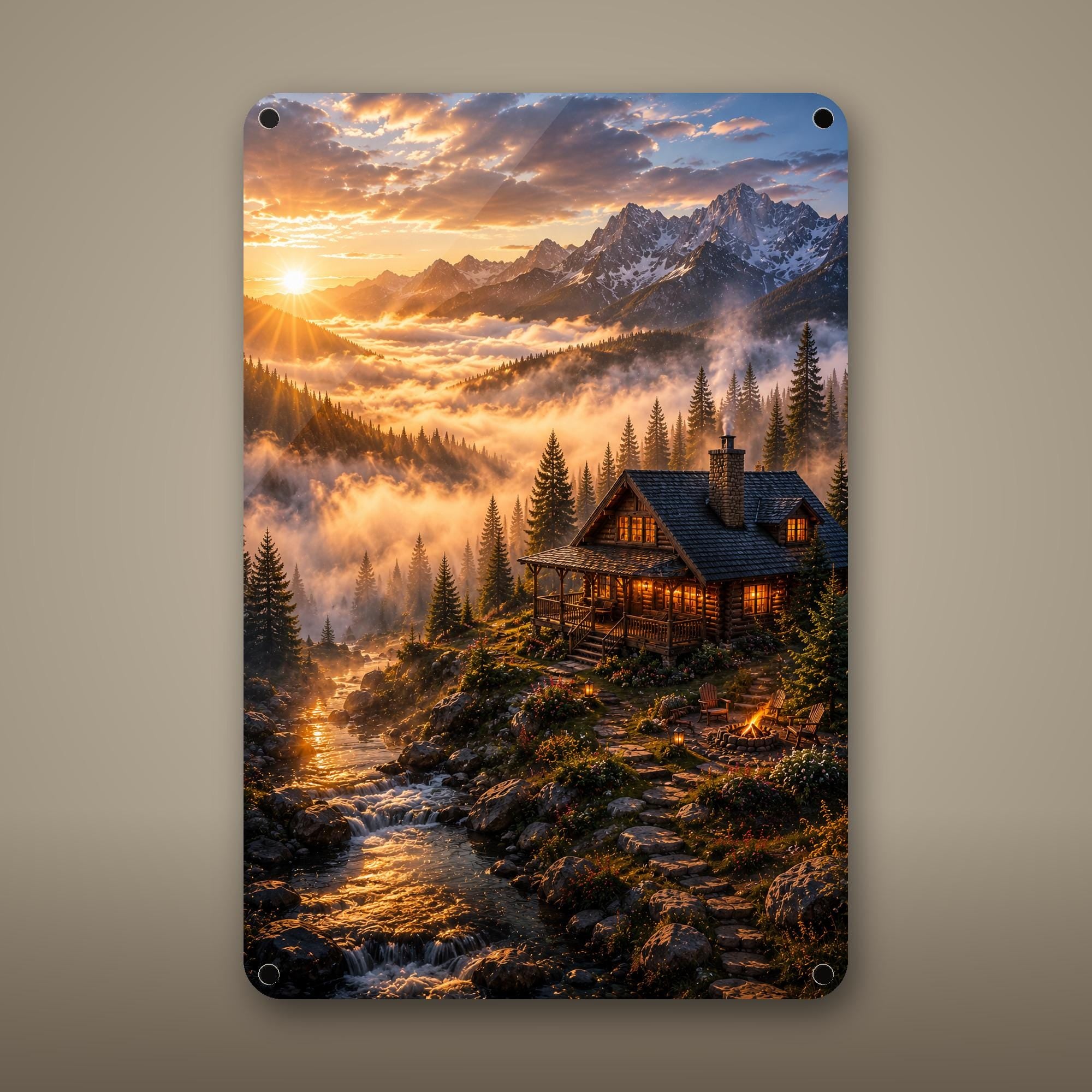 Mountain Cabin Sunrise Aluminum Sign Aluminum Sign — front view on white background