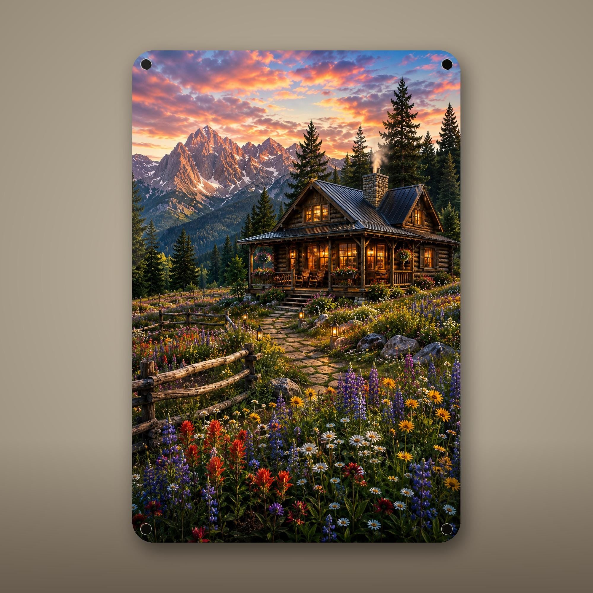 Mountain Cabin Wildflowers Aluminum Sign Aluminum Sign — front view on white background