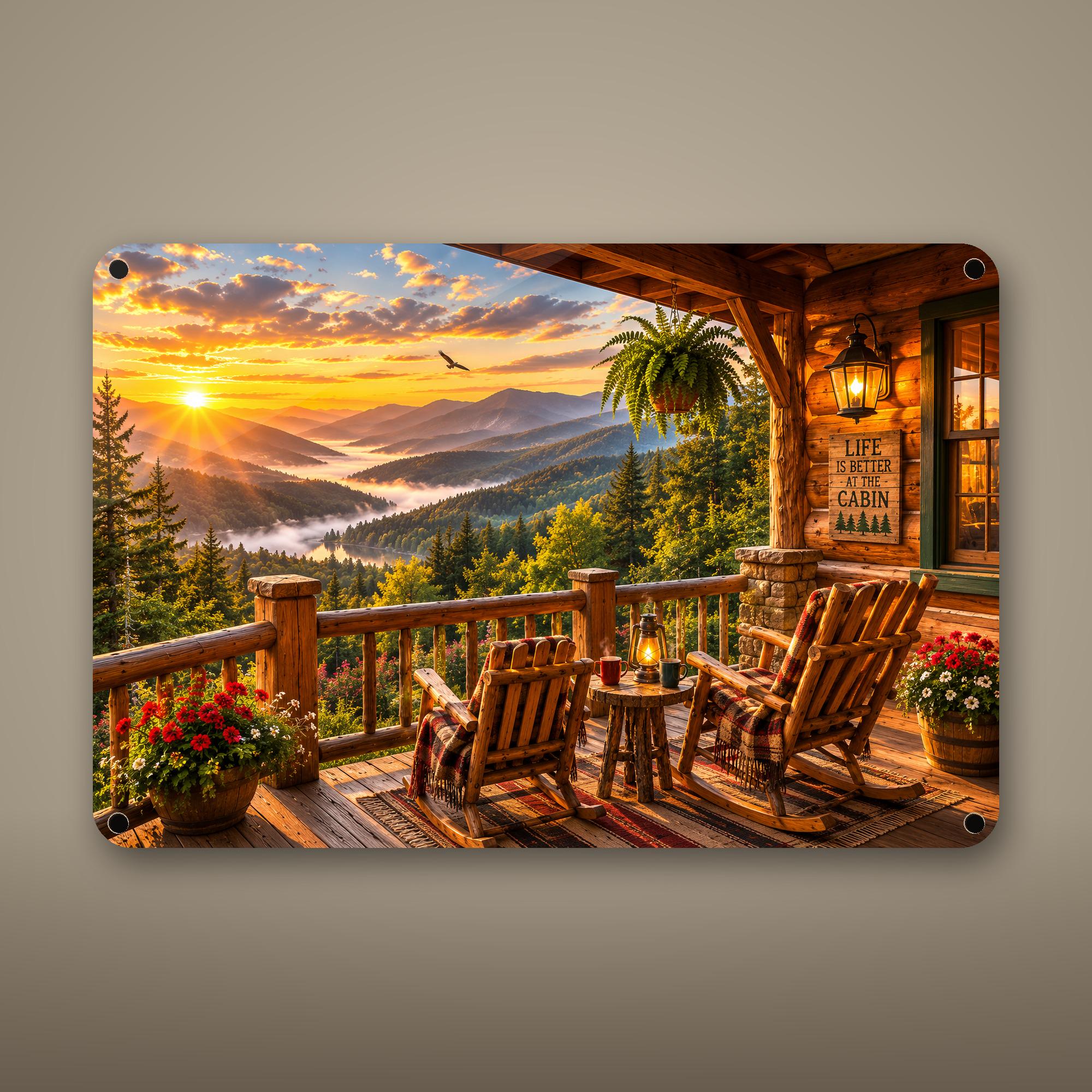 Lakeside Porch Sunset Aluminum Sign Aluminum Sign — front view on white background