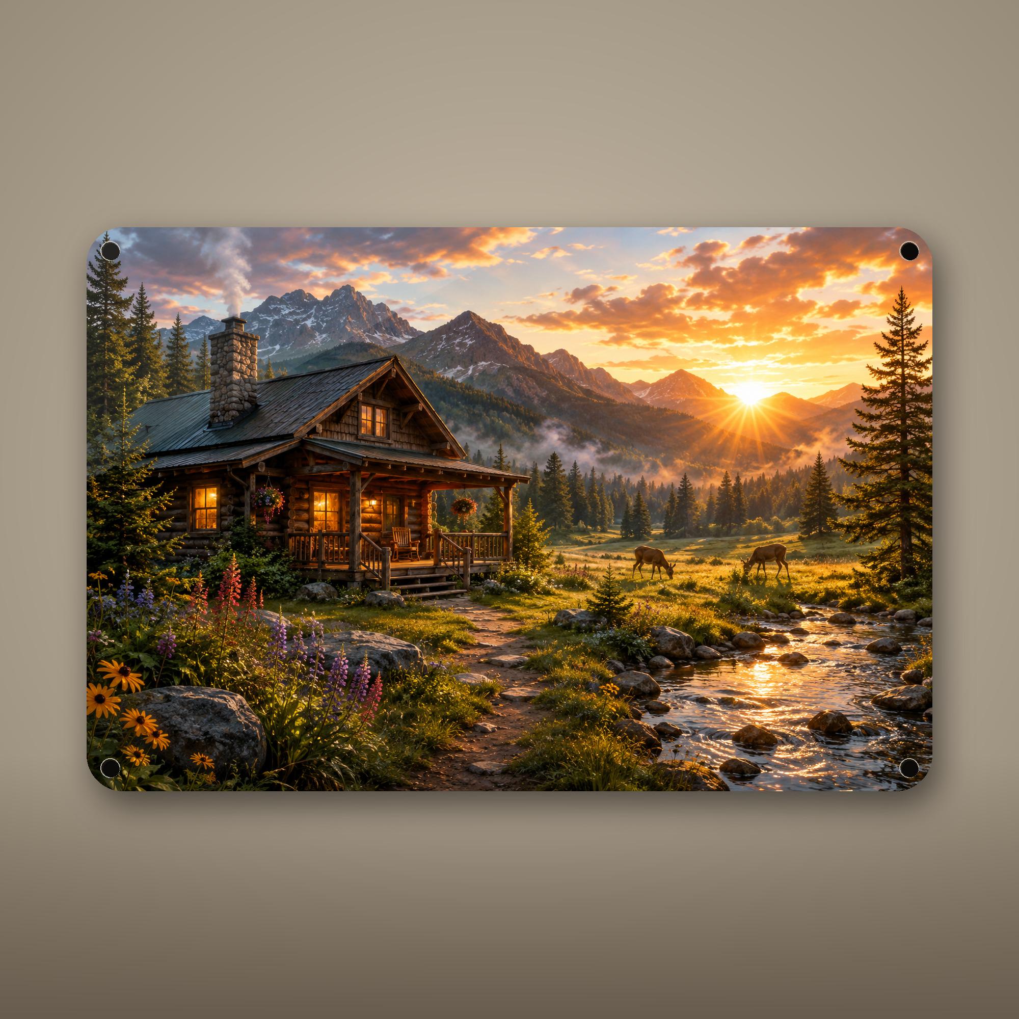 Creekside Mountain Cabin Aluminum Sign Aluminum Sign — front view on white background