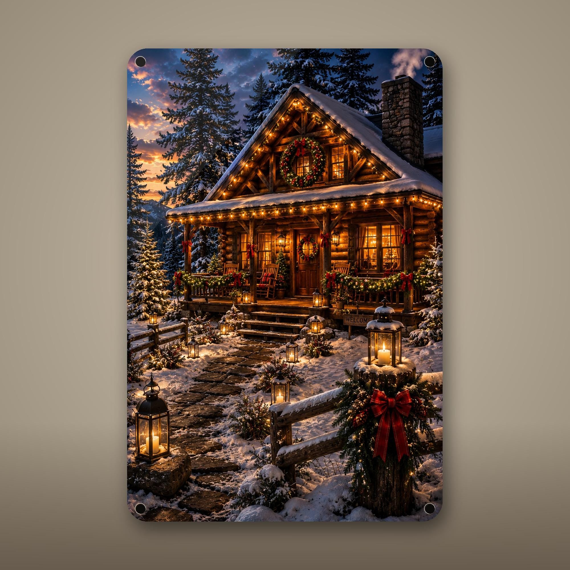 Christmas Cabin Aluminum Sign Aluminum Sign — front view on white background