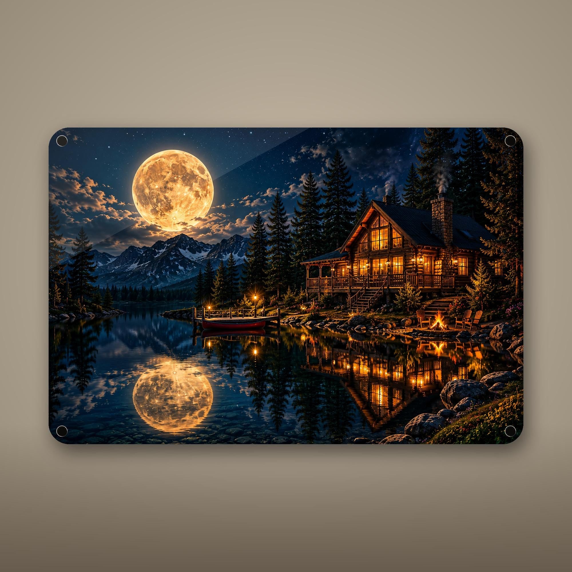 Moonlit Lake Cabin Aluminum Sign Aluminum Sign — front view on white background