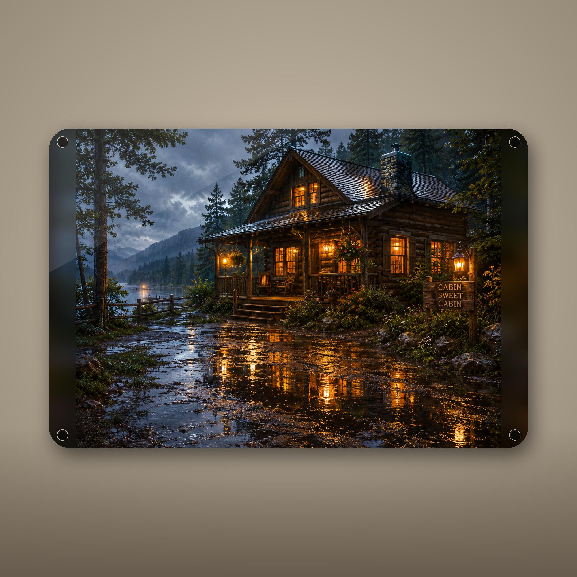 Rainy Lake Cabin Aluminum Sign Aluminum Sign — front view on white background