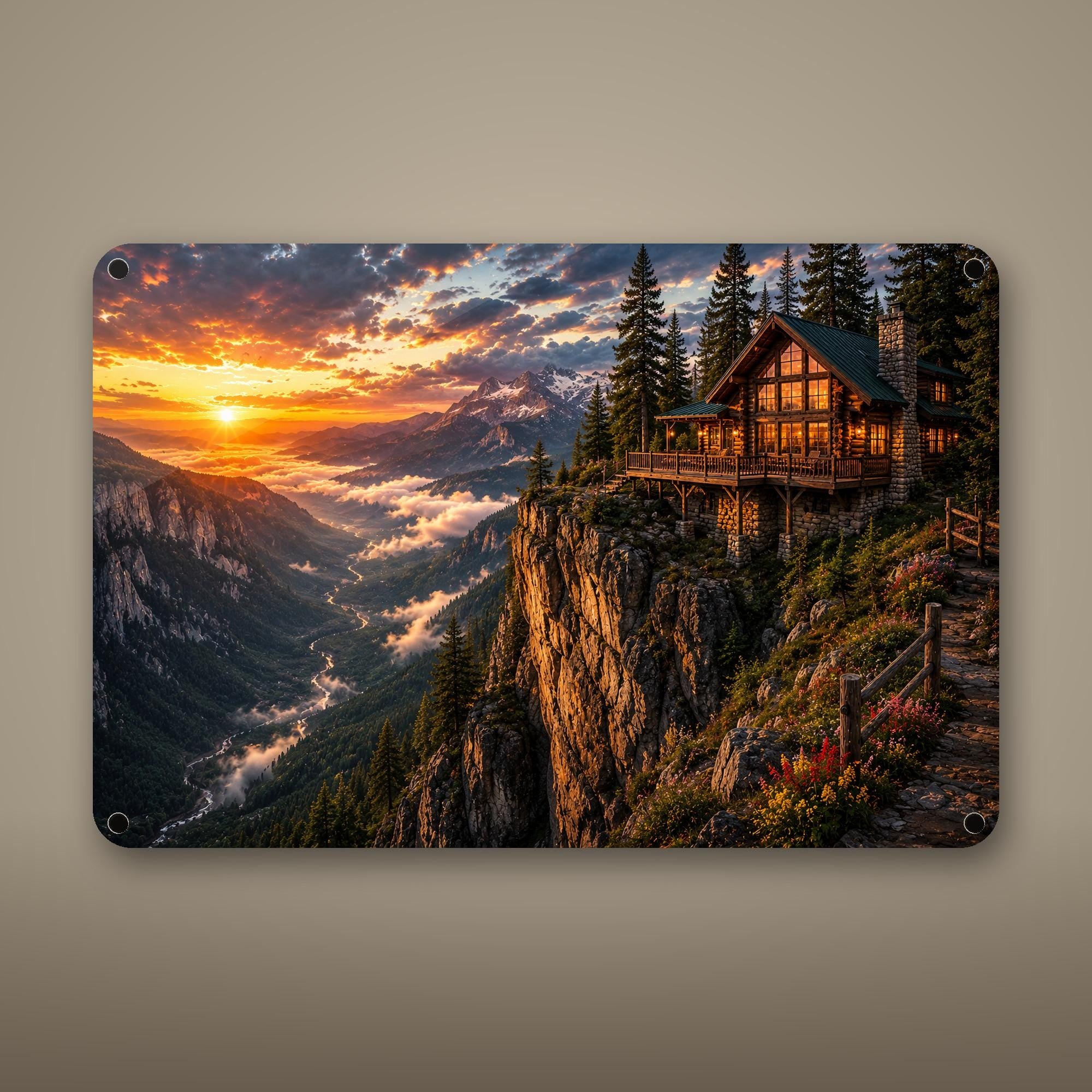 Cliffside Cabin Sunset Aluminum Sign Aluminum Sign — front view on white background