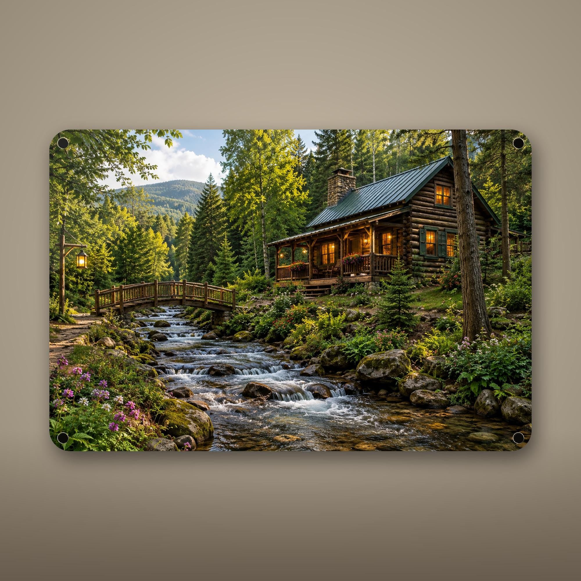 Woodland Creek Cabin Aluminum Sign Aluminum Sign — front view on white background