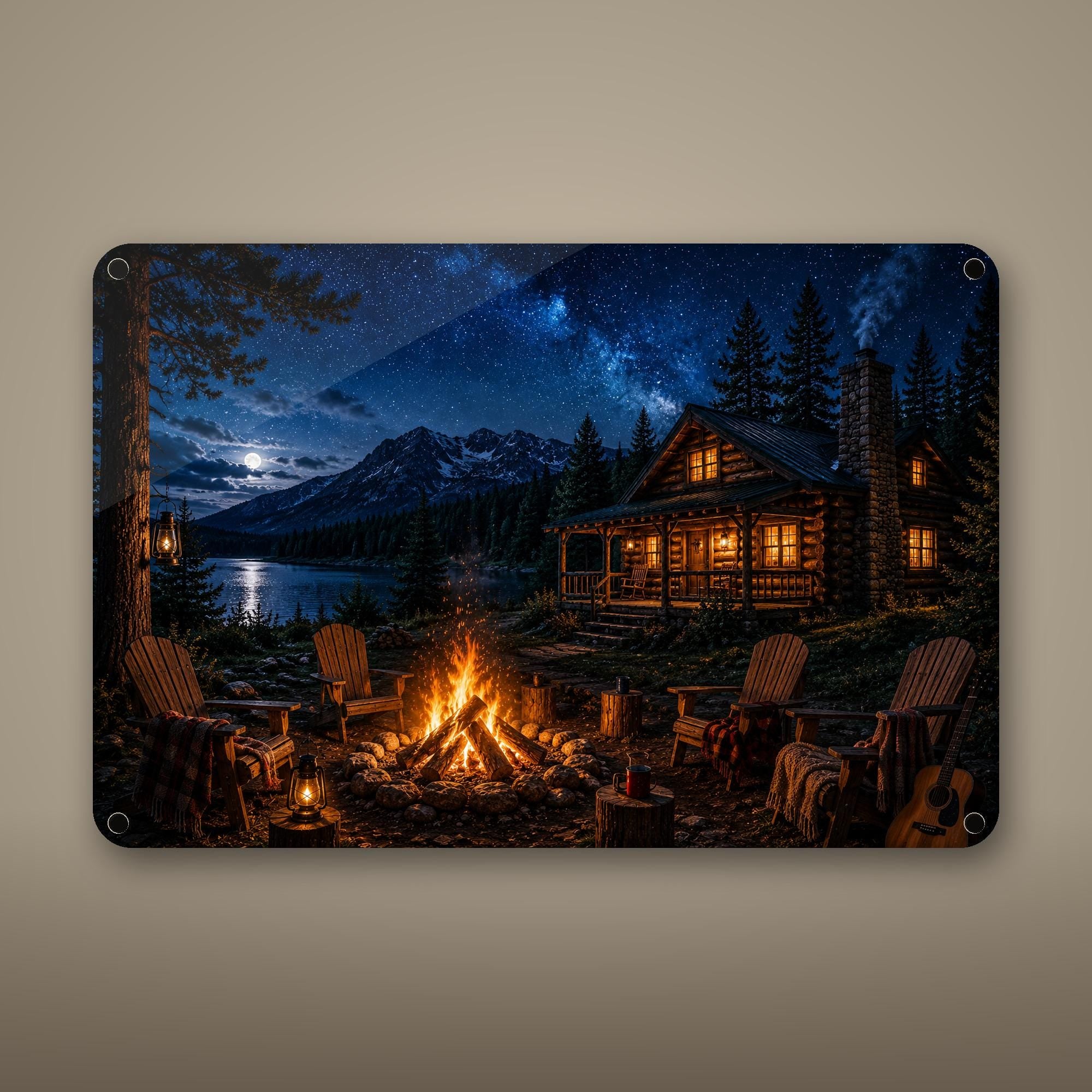 Night Cabin Campfire Aluminum Sign Aluminum Sign — front view on white background