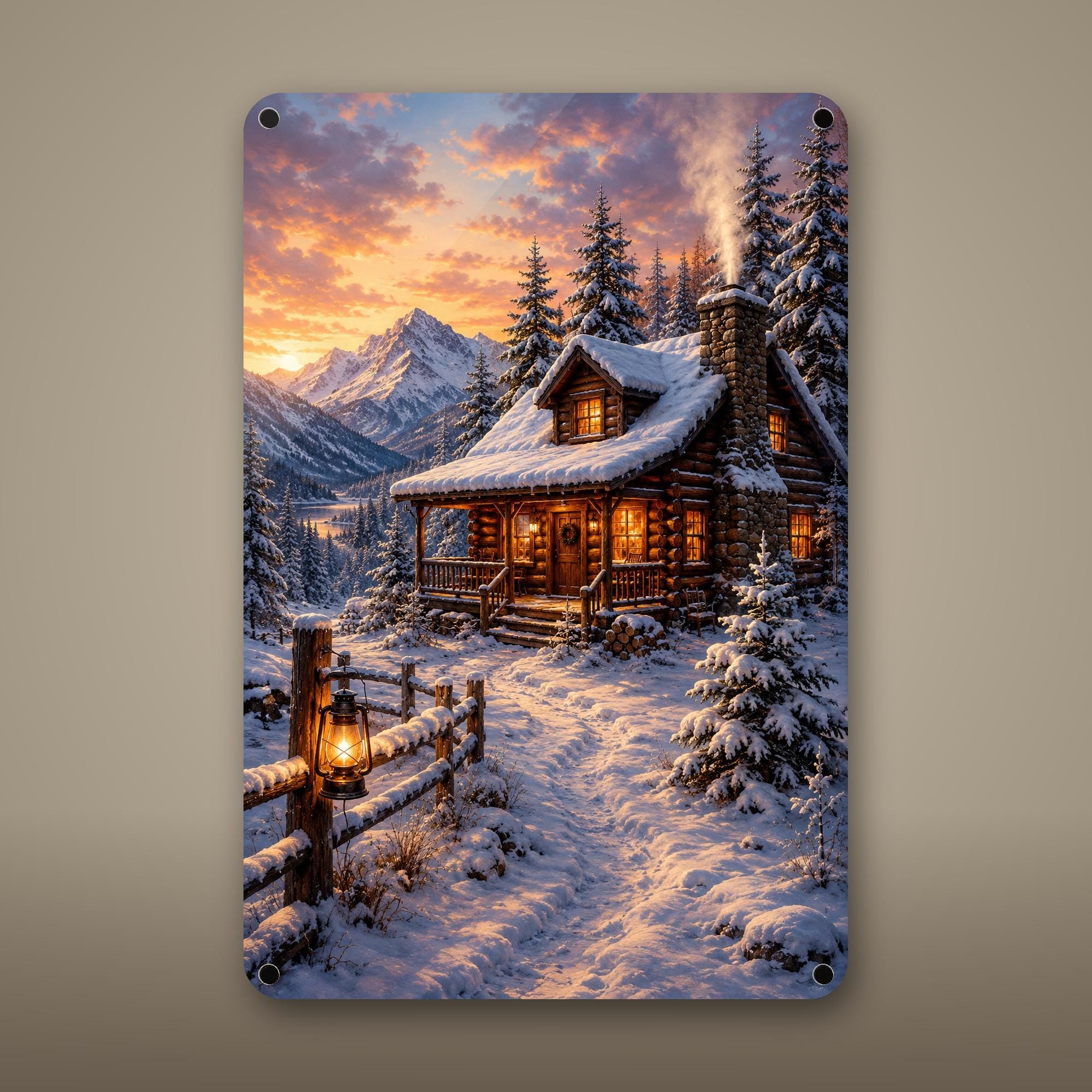 Snowy Porch Cabin Aluminum Sign Aluminum Sign — front view on white background