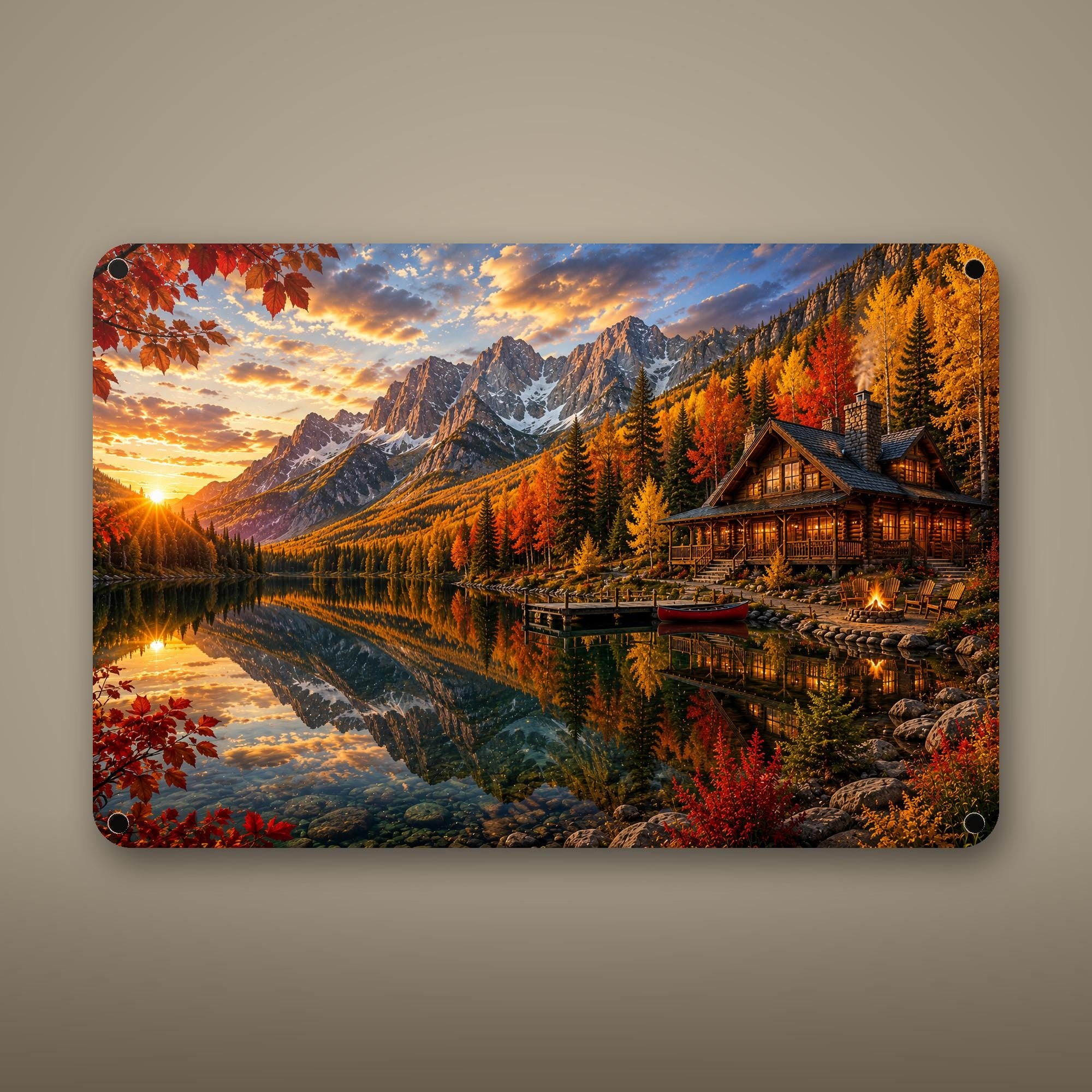 Autumn Lake Cabin Aluminum Sign Aluminum Sign — front view on white background