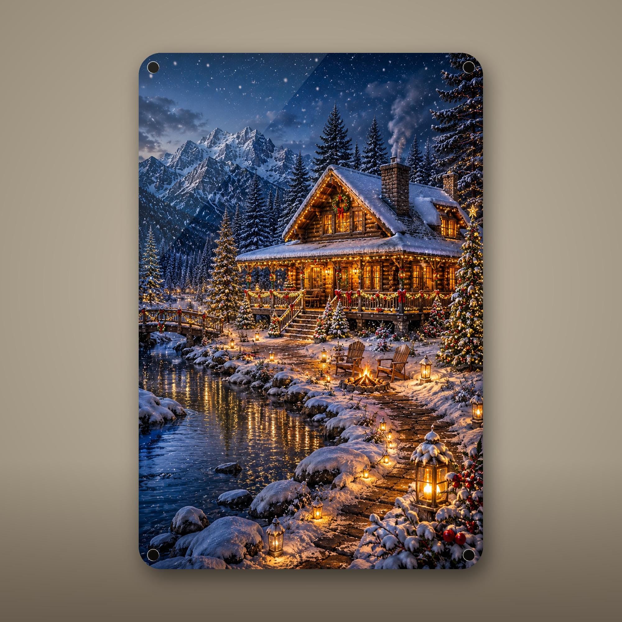 Snowy Cabin Lake Aluminum Sign Aluminum Sign — front view on white background