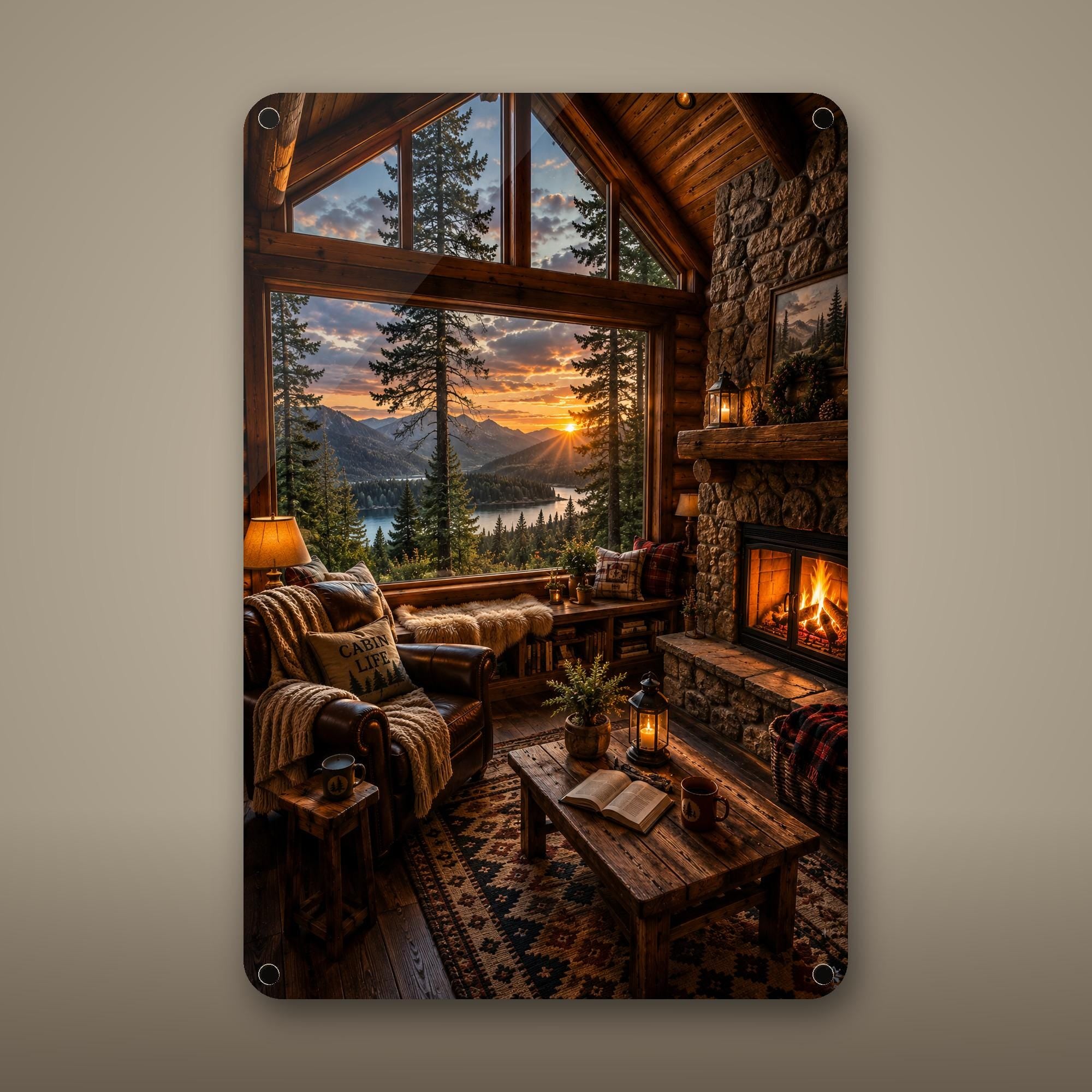 Cozy Cabin Interior Aluminum Sign Aluminum Sign — front view on white background
