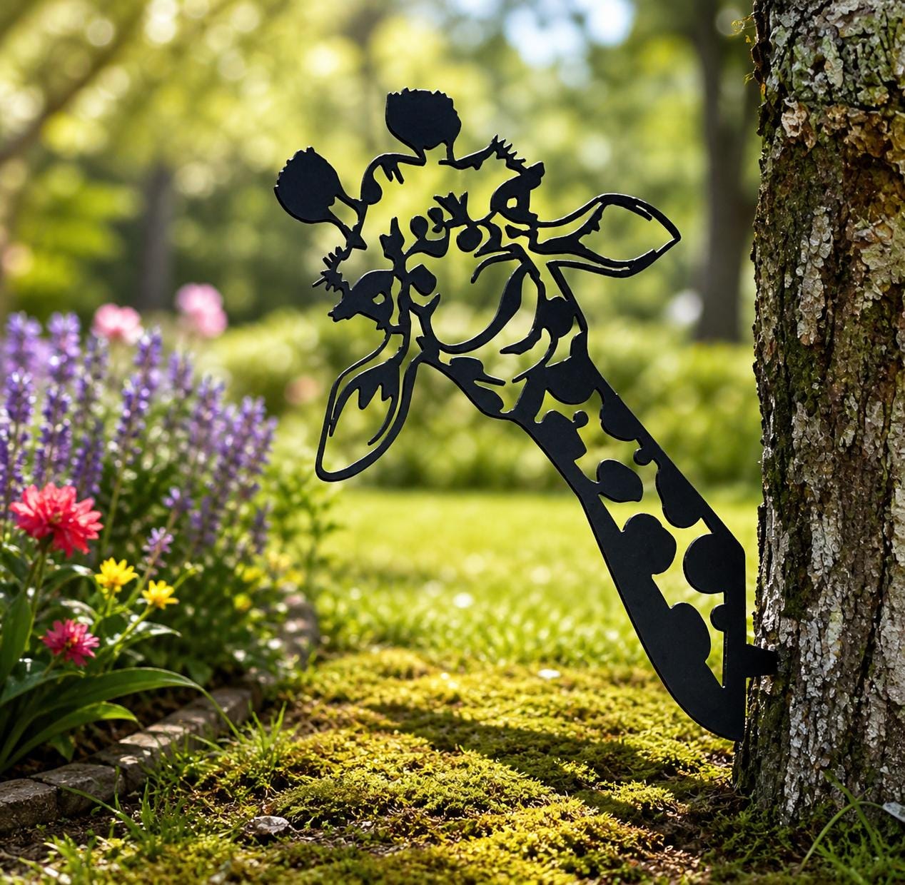Giraffe Metal Garden Stake Metal Garden Stake — shown on a rustic wall
