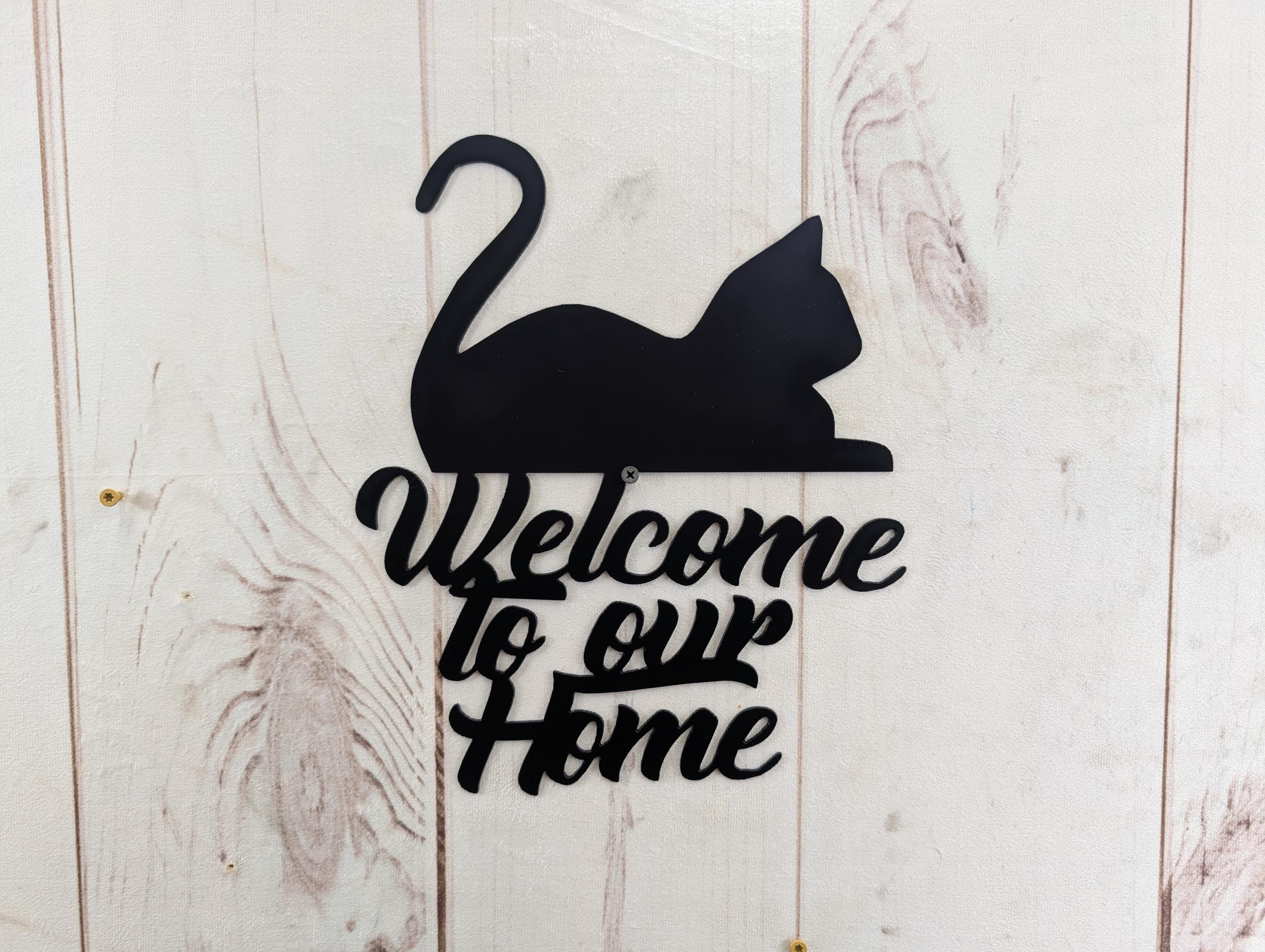 Cat Welcome Sign Aluminum Sign — front view on white background
