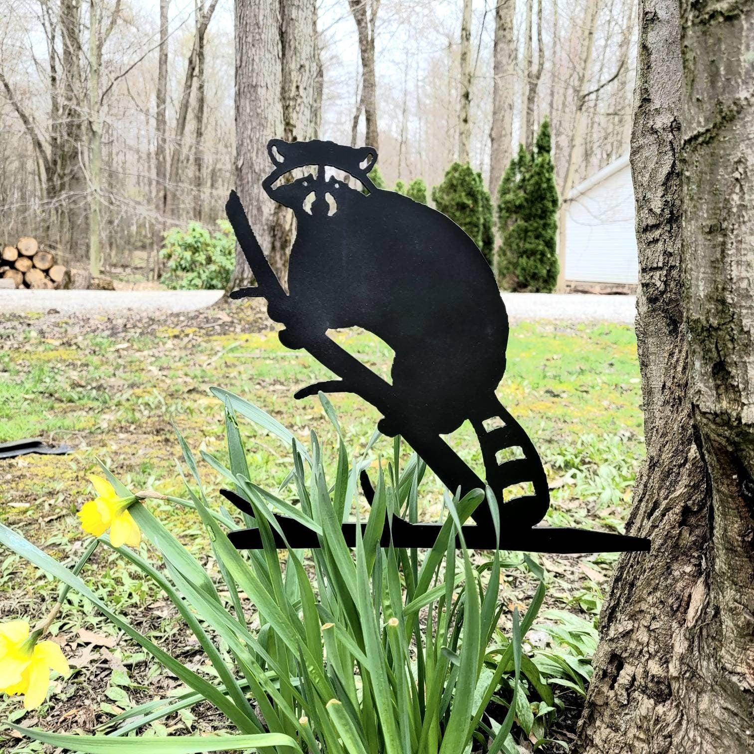 Raccoon Metal Garden Stake Metal Garden Stake — front view on white background