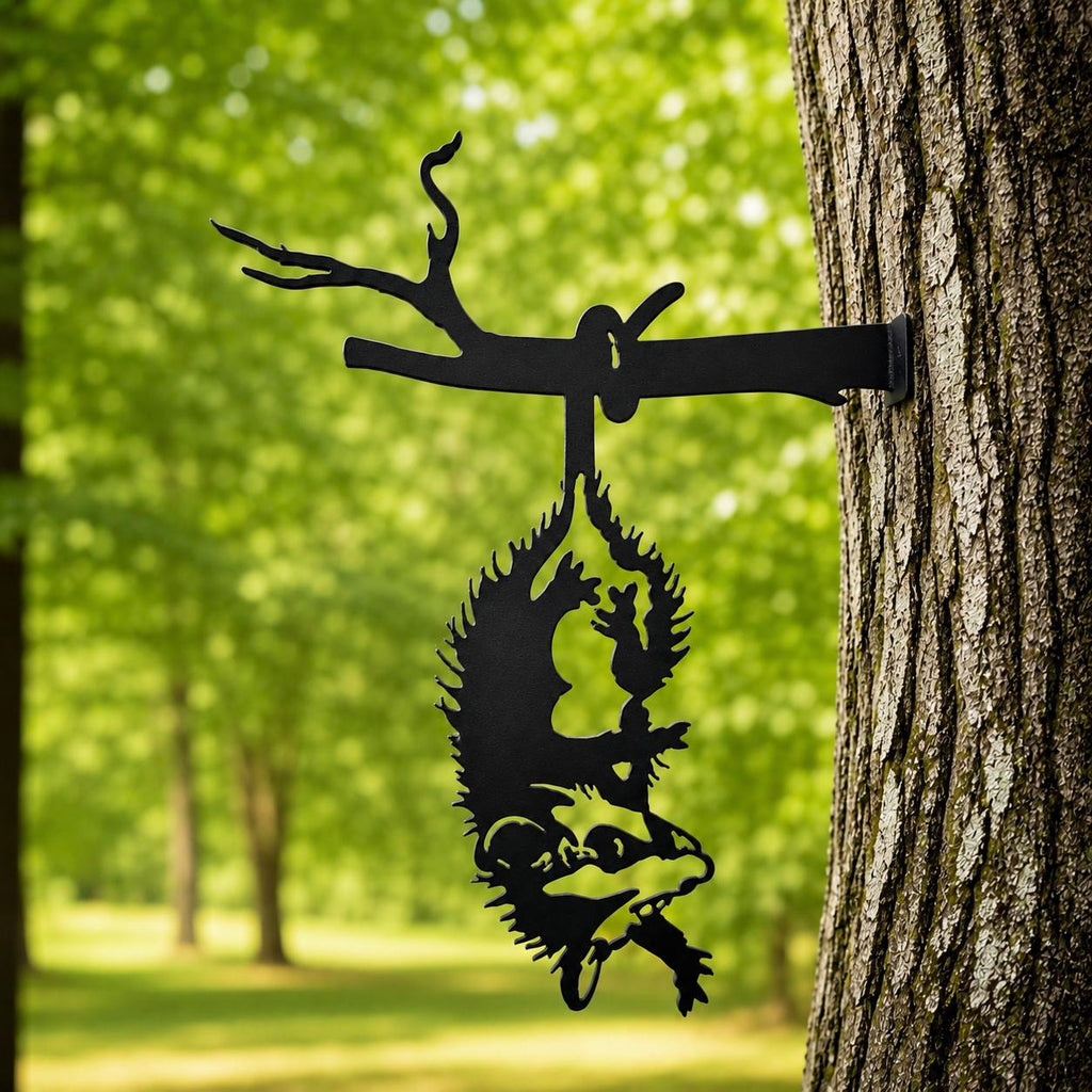 Opossum Metal Garden Stake Metal Garden Stake — shown on a rustic wall