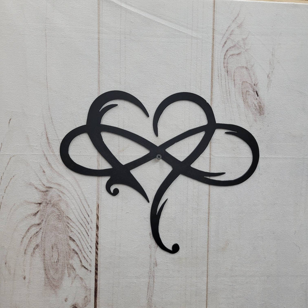 Heart Infinity Metal Wall Sign Aluminum Sign — shown on a rustic wall