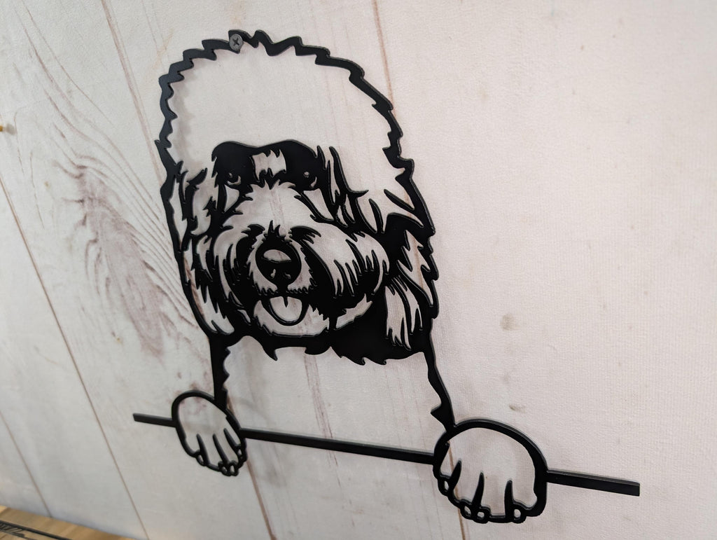 Goldendoodle Metal Art Sign Aluminum Sign — shown on a rustic wall