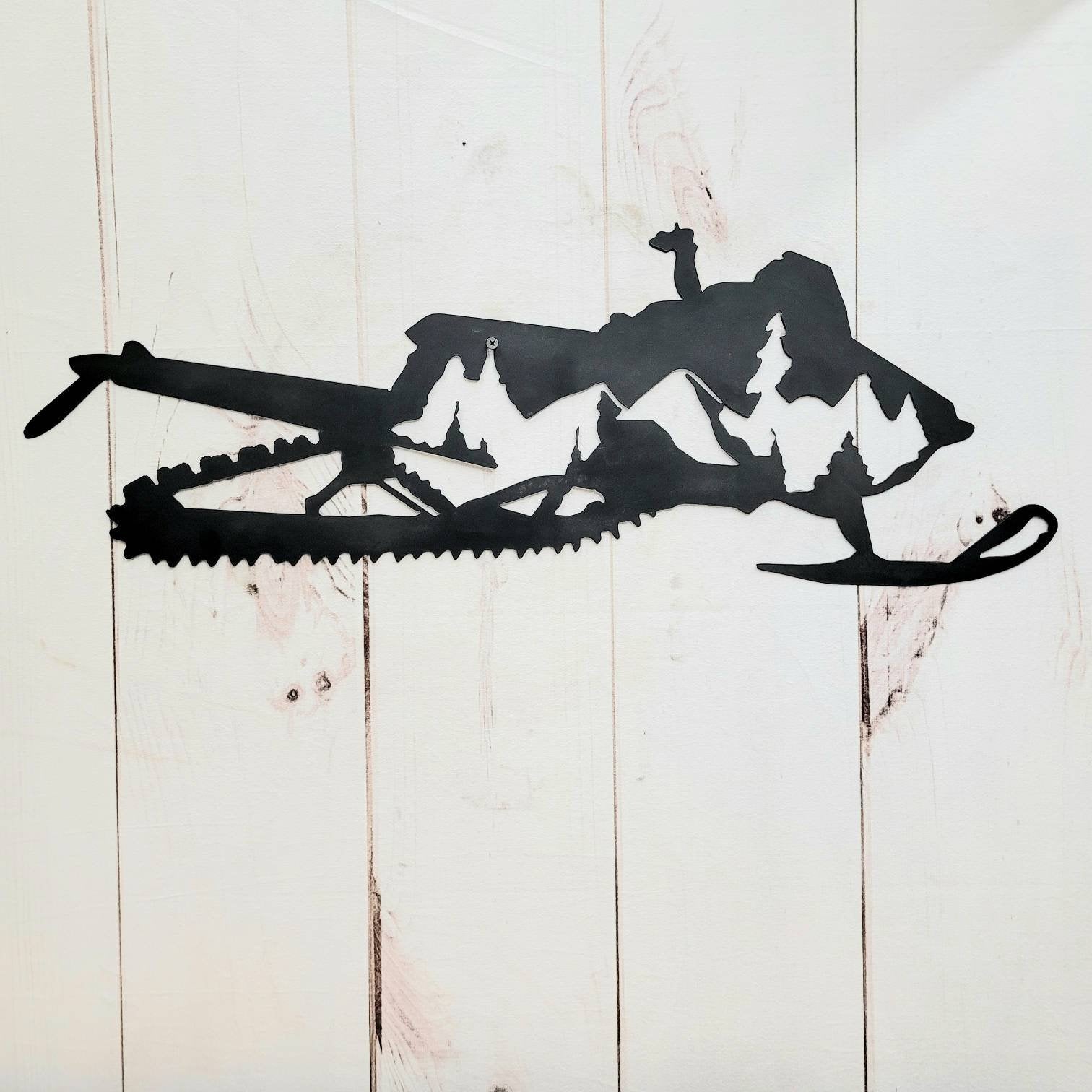 Snowmobile Mountain Metal Wall Art Aluminum Sign — front view on white background