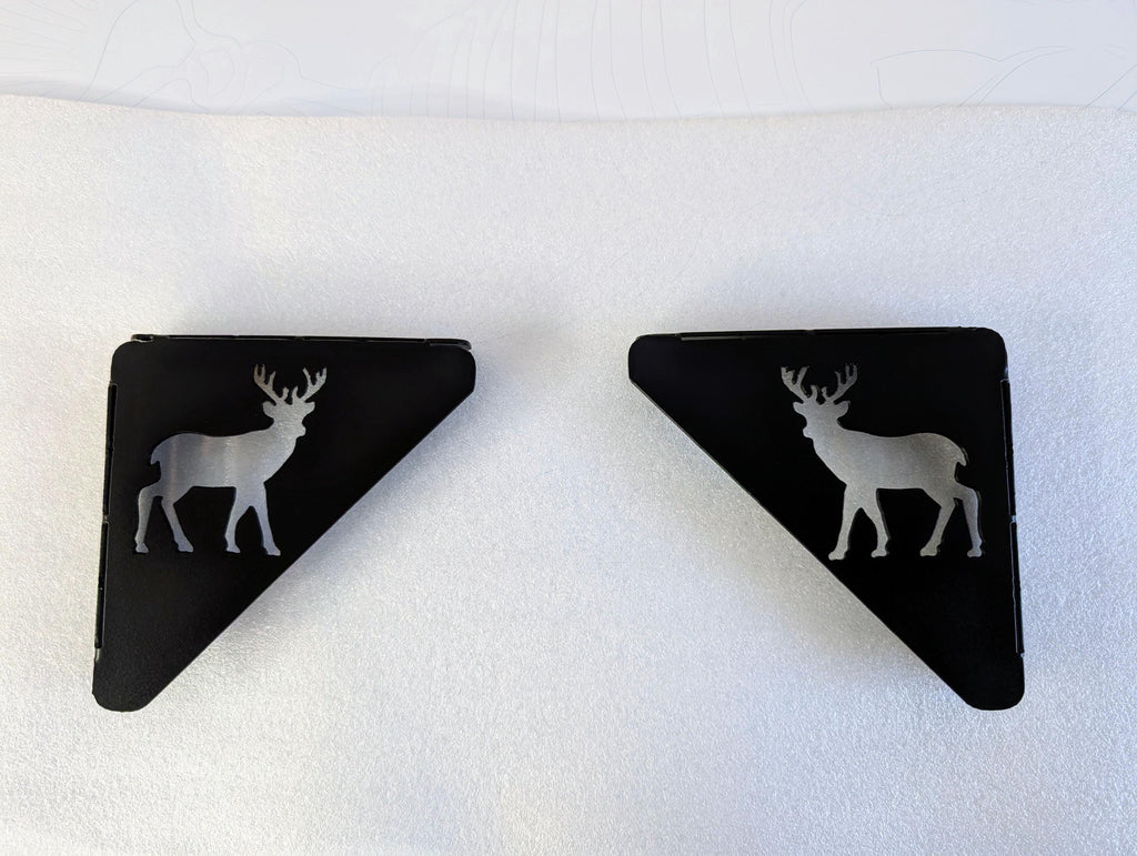 Buck Deer Shelf Bracket Set Metal Shelf Bracket — shown on a rustic wall