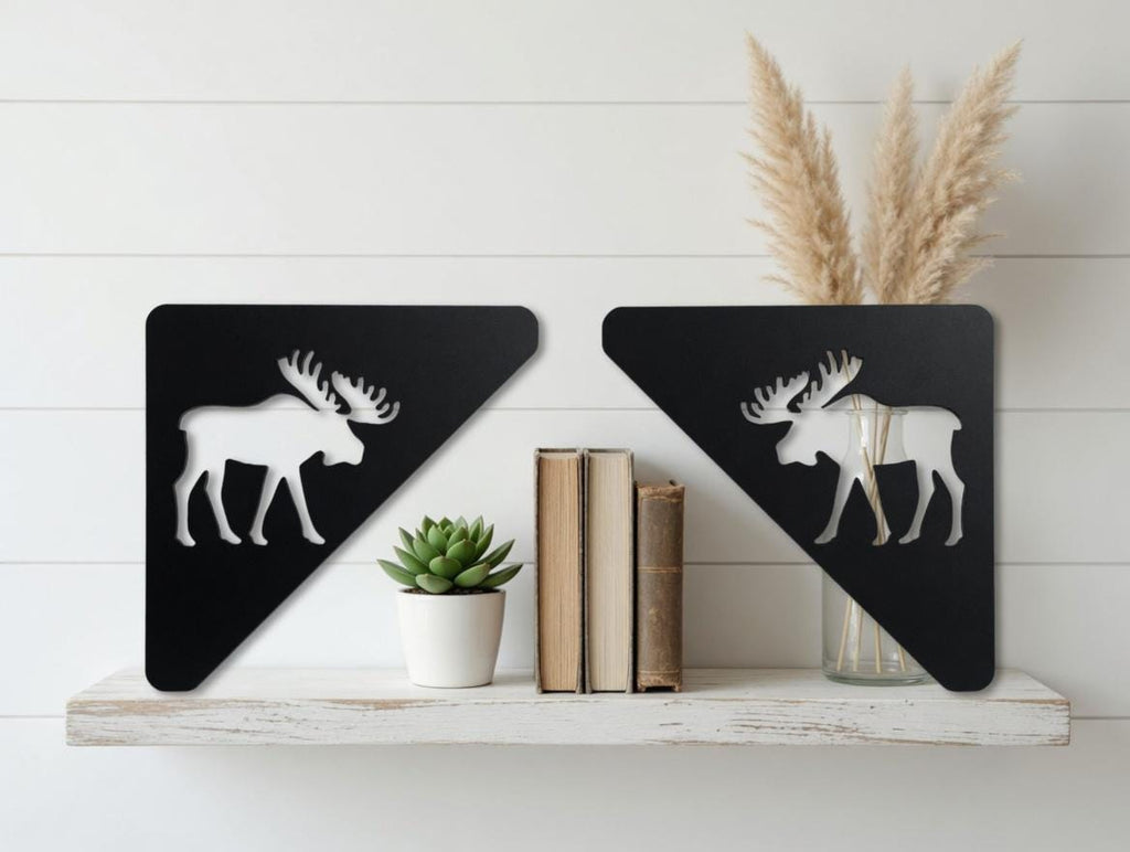 Moose Shelf Bracket Metal Shelf Bracket — shown on a rustic wall