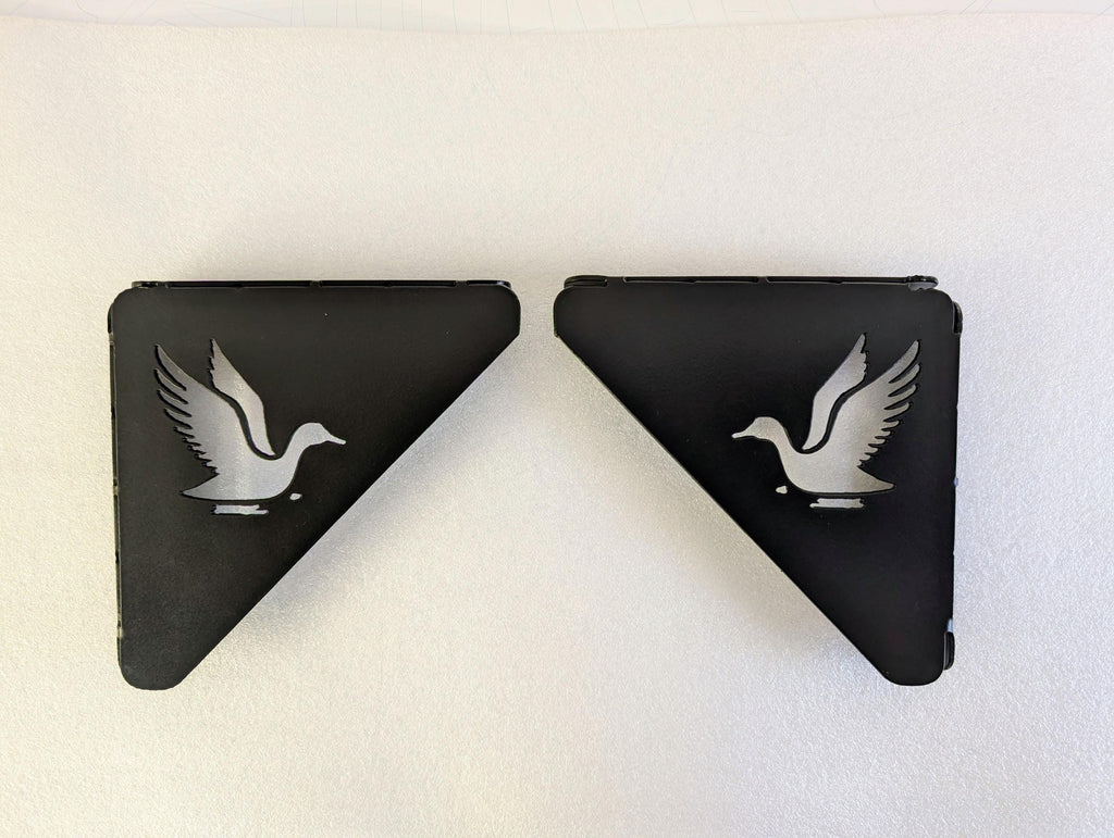 Duck Shelf Bracket Metal Shelf Bracket — shown on a rustic wall