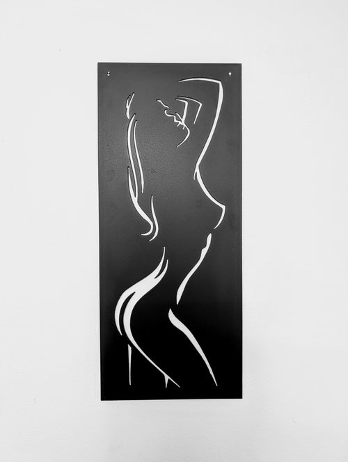 Sexy Female Body Line Art Aluminum Sign — shown on a rustic wall