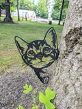 Peeking Black Cat Metal Yard Art Metal Garden Stake — front view on white background