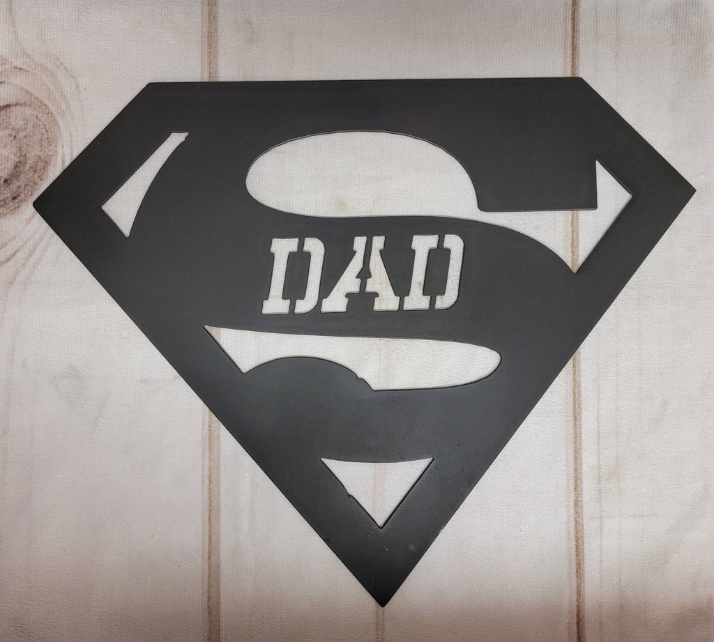 Super Dad Metal Wall Art Aluminum Sign — shown on a rustic wall